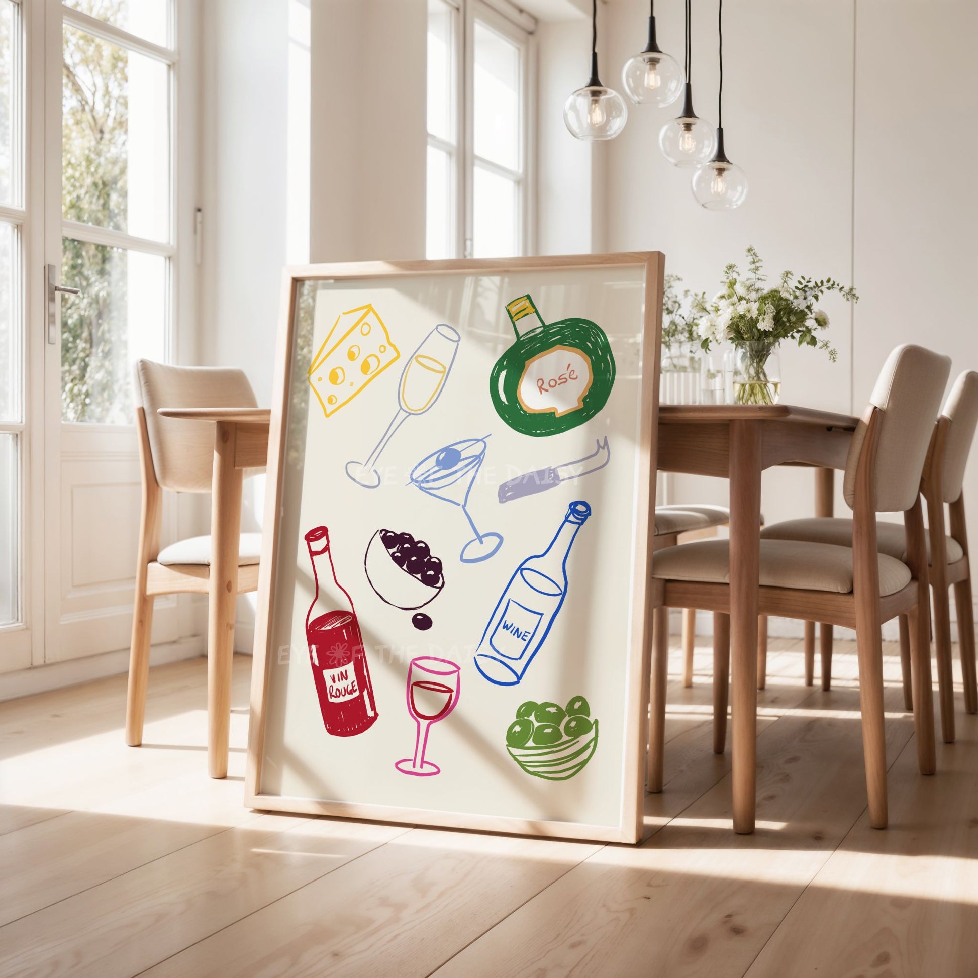 Funky hand-drawn bar cart printable wall art – colourful drinks and cheese illustration, digital download for dining room decor