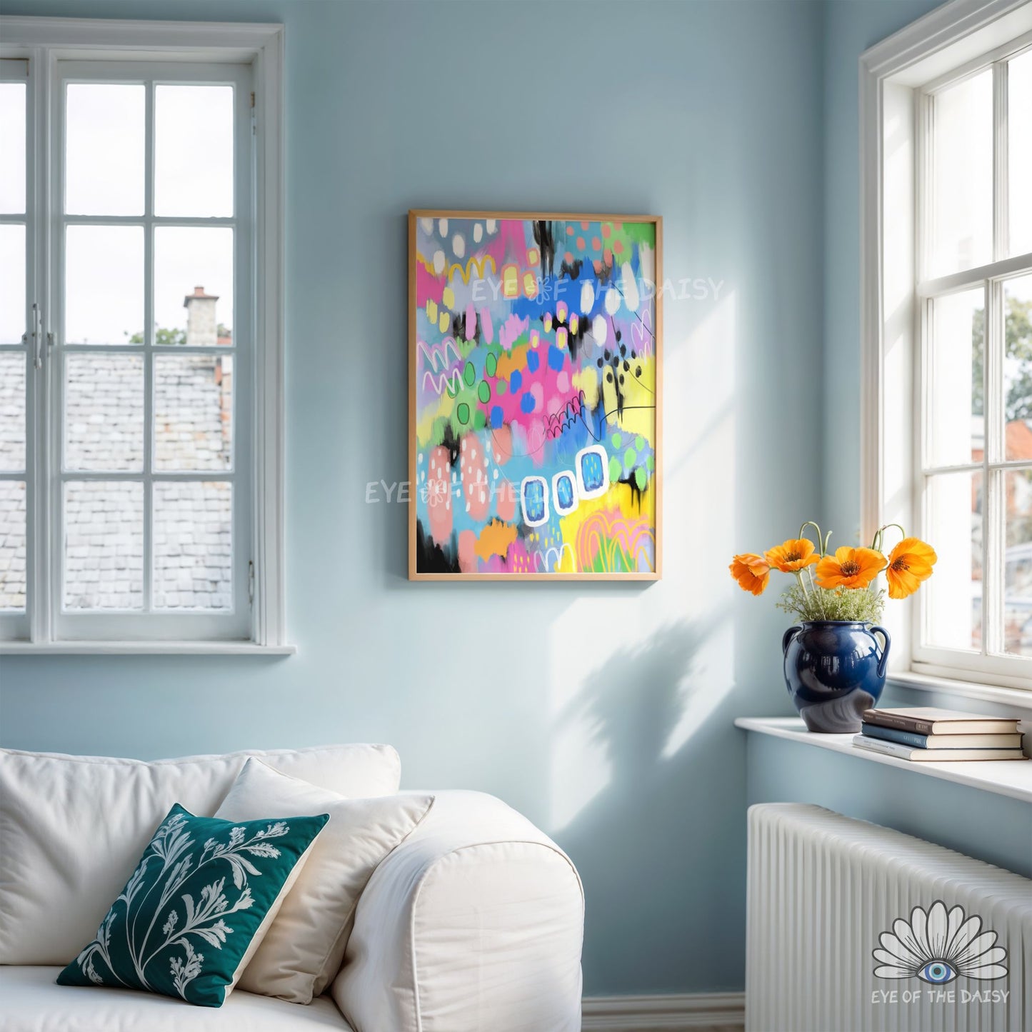 Blue and pink abstract painting, modern contemporary printable wall decor for living rooms