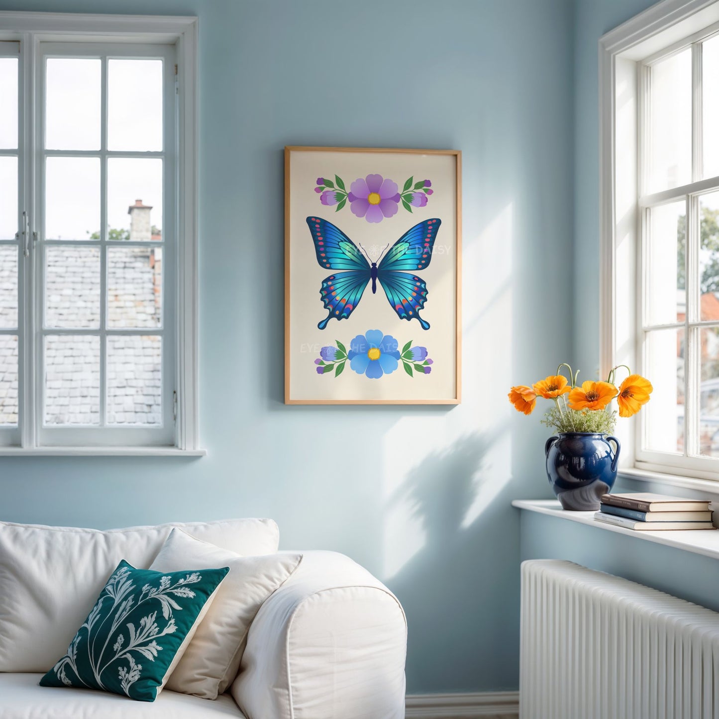 A vibrant blue and purple floral butterfly digital art print in a boho blue living room, beautiful butterfly poster