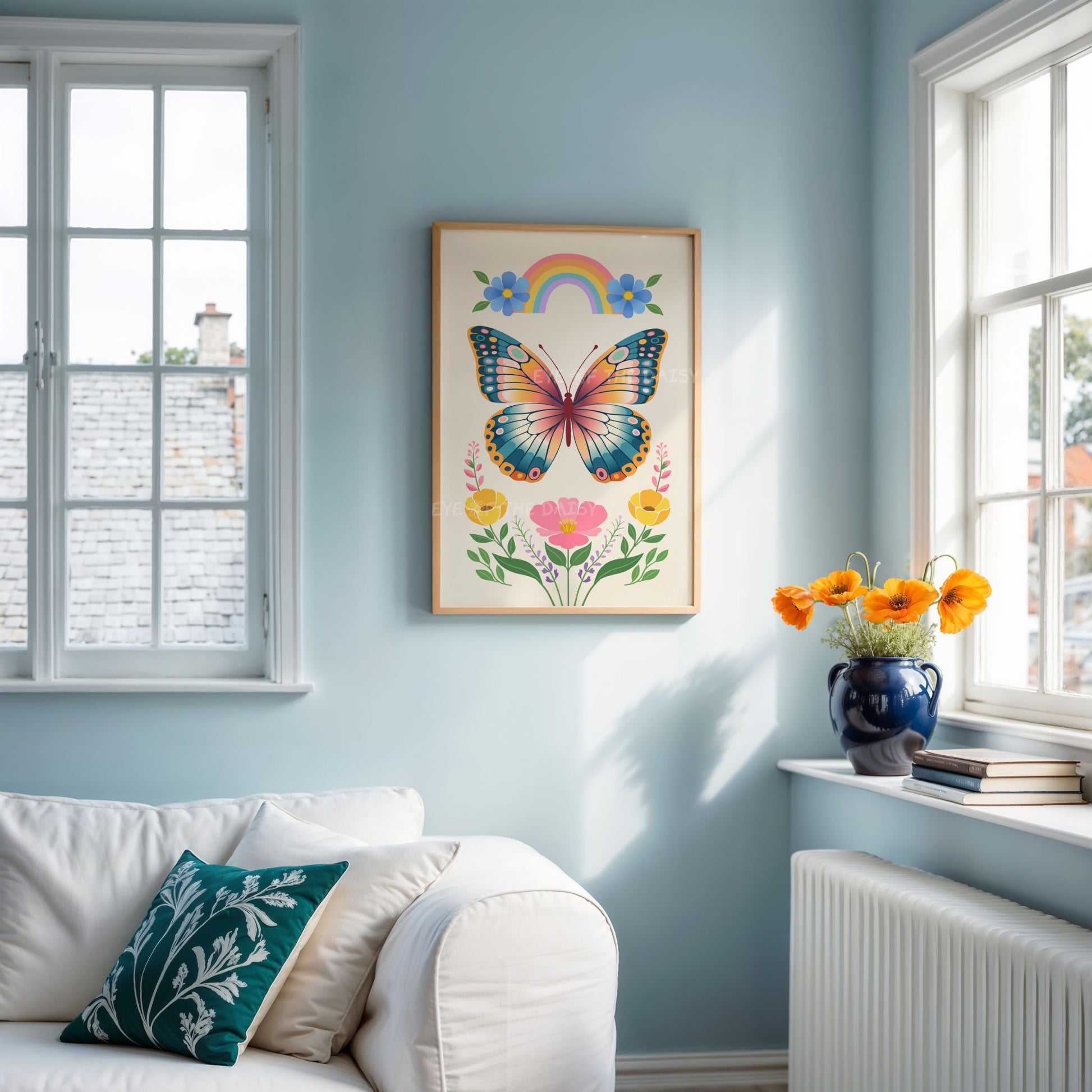Digital print of a colourful vintage style butterfly artwork in a blue living room, boho floral butterfly downloadable art