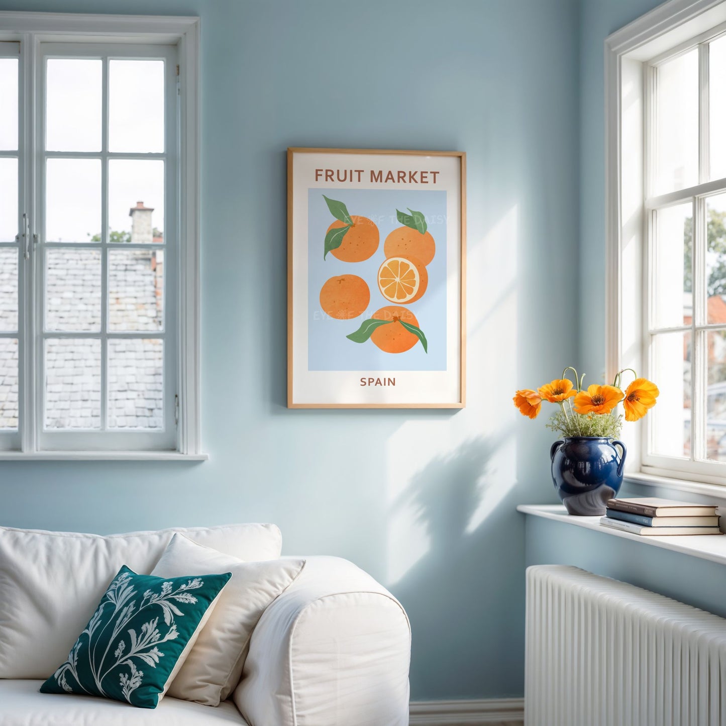 Fruit Market Spain orange wall art — pastel blue abstract citrus print download for bright, stylish vacation rental or Mediterranean decor