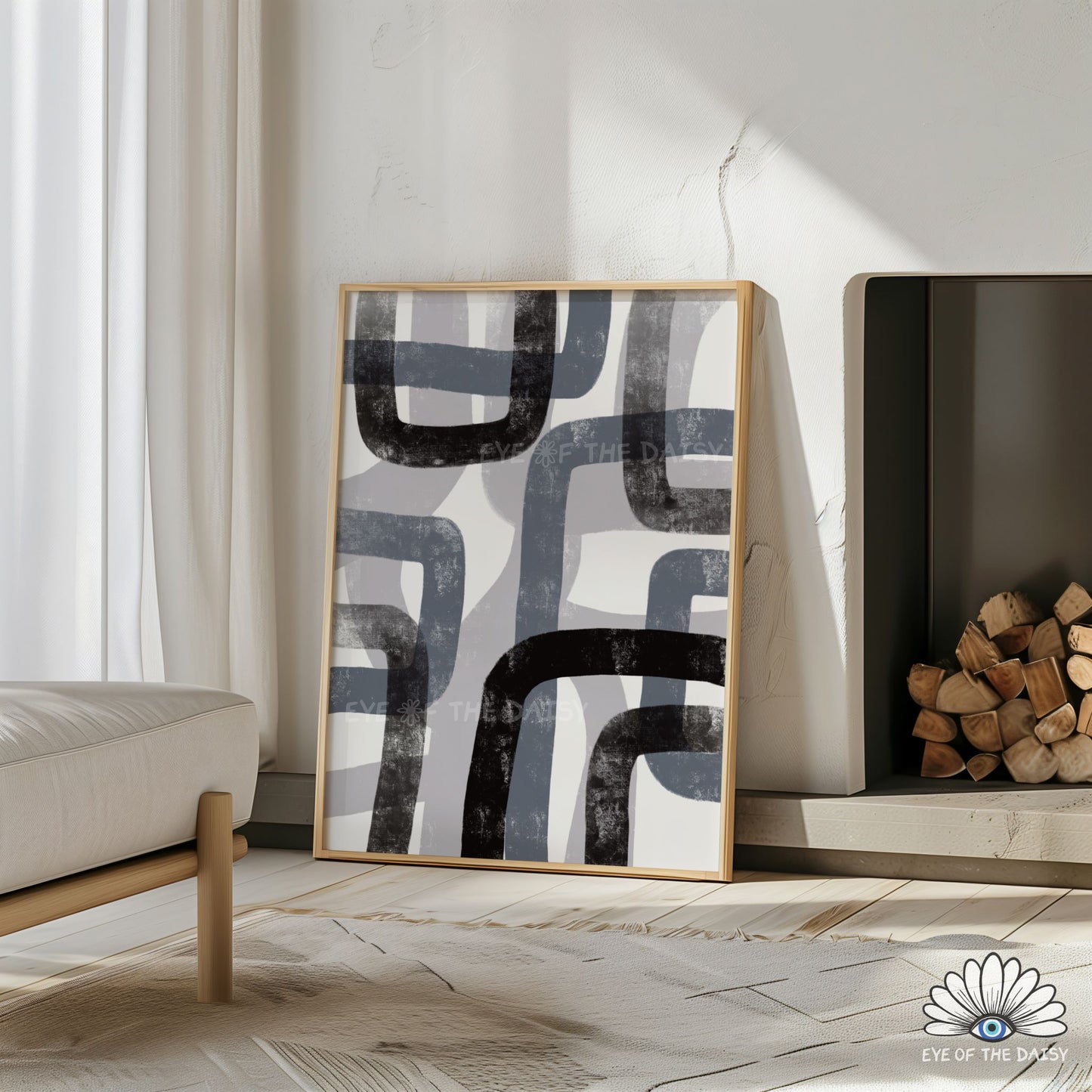 Modern geometric monochrome print in black, white, and grey, contemporary abstract wall decor for stylish interiors