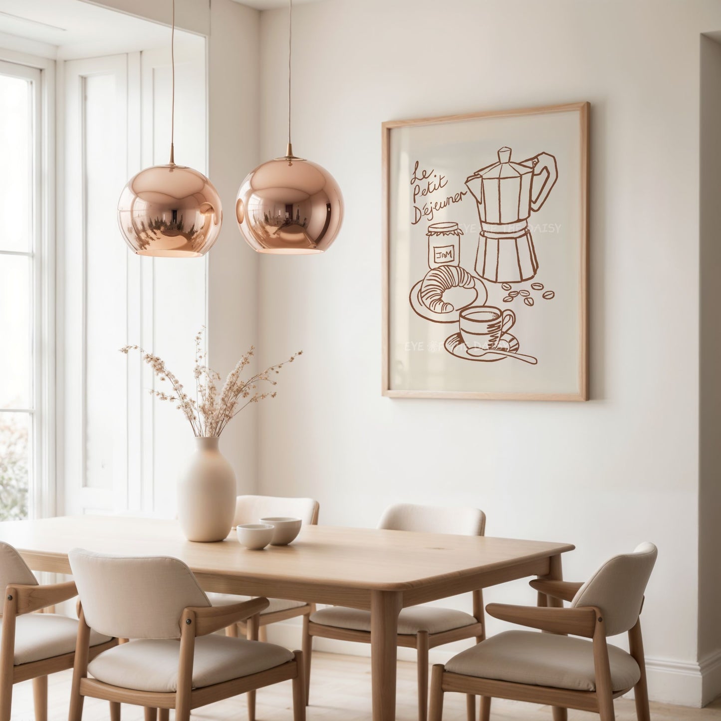 "Le Petit Dejeuner" breakfast poster with hand drawn illustration of a Moka pot, coffee cup, croissant in brown & beige, great for a kitchen or breakfast nook