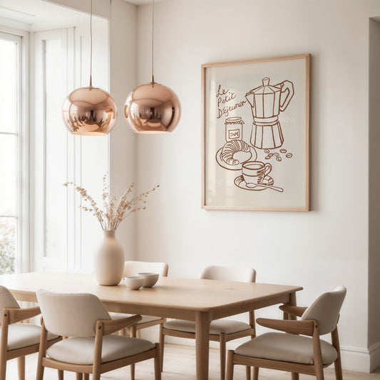"Le Petit Dejeuner" breakfast poster with hand drawn illustration of a Moka pot, coffee cup, croissant in brown & beige, great for a kitchen or breakfast nook