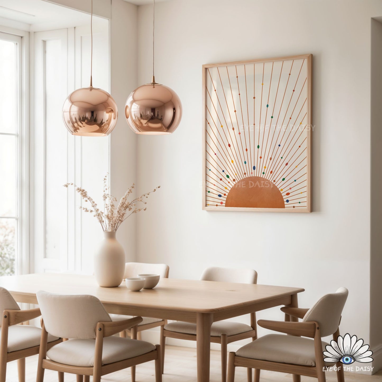 Modern boho sun wall art print, mid century modern sunburst printable wall art with sun rays
