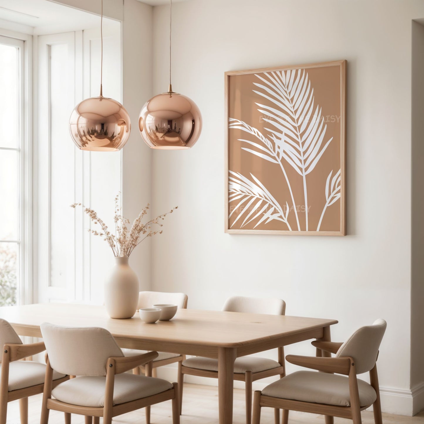 White & beige boho botanical palm tree wall art print, great for boho neutral dining room wall decor