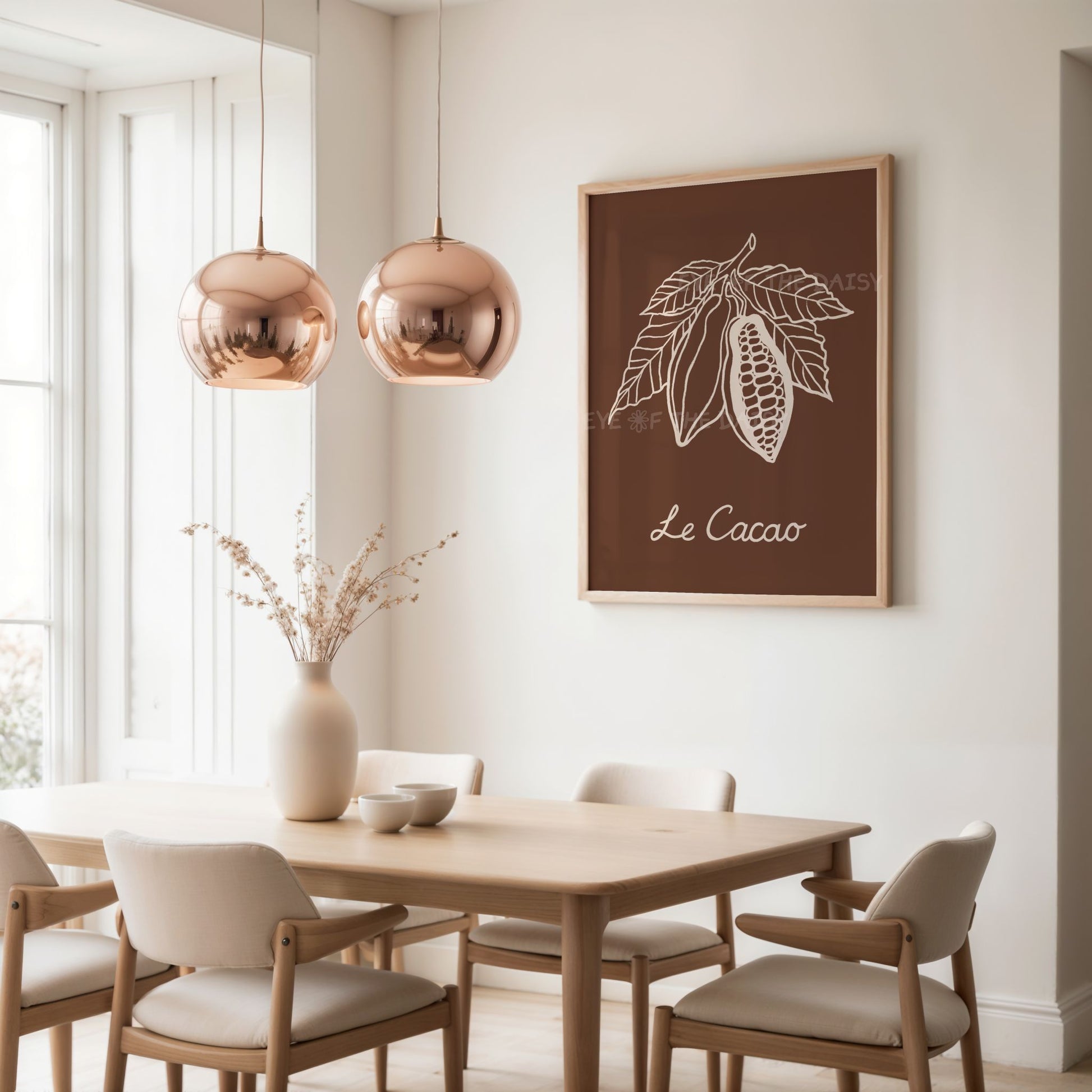 Modern French botanical cocoa art, printable wall décor for dining or kitchen spaces
