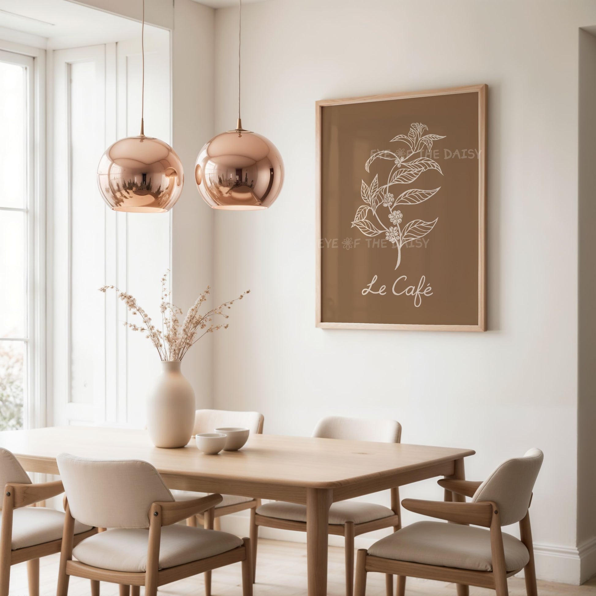 Tan background coffee plant line art, boho wall print for kitchen or breakfast nook or dining room