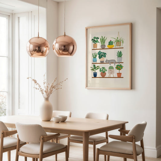 Boho cat and plant wall art – colourful printable poster for modern dining room, downloadable botanical decor