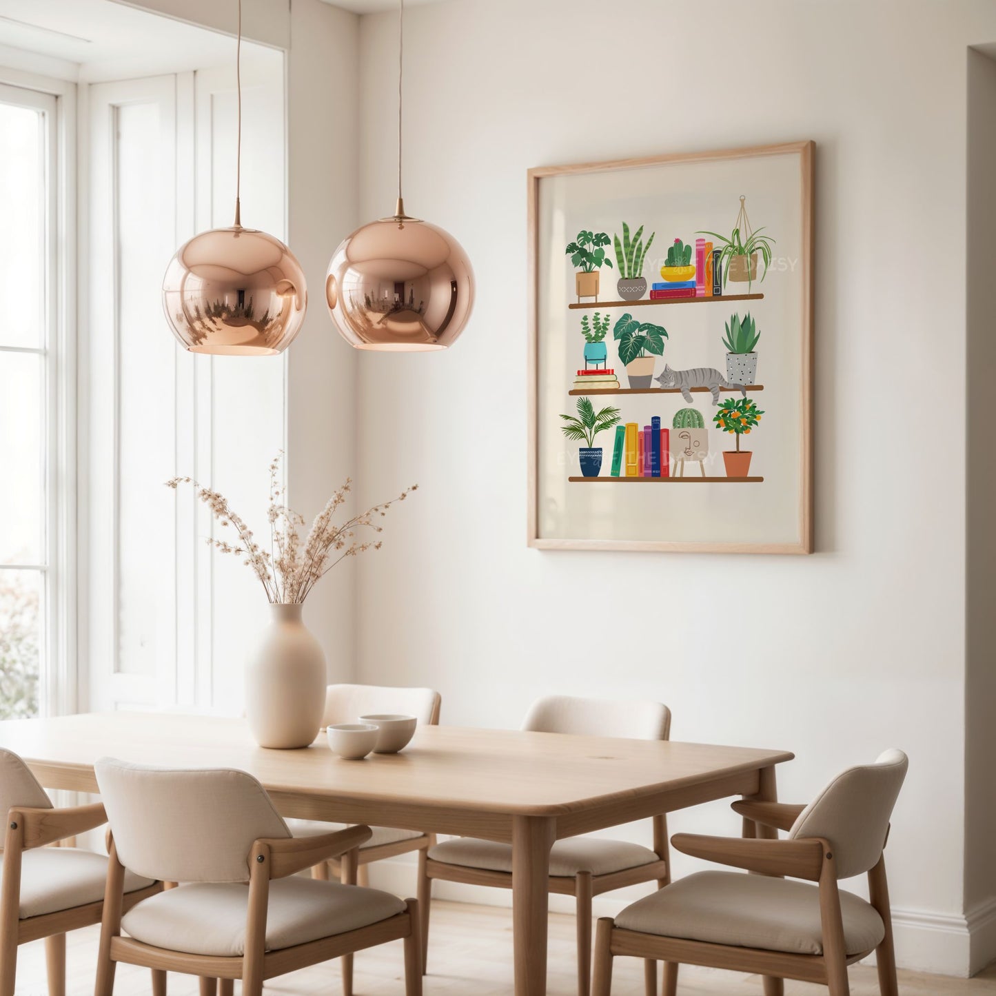 Tabby cat and bookshelf wall art – whimsical botanical bookish print download with plants and books, for cozy home styling