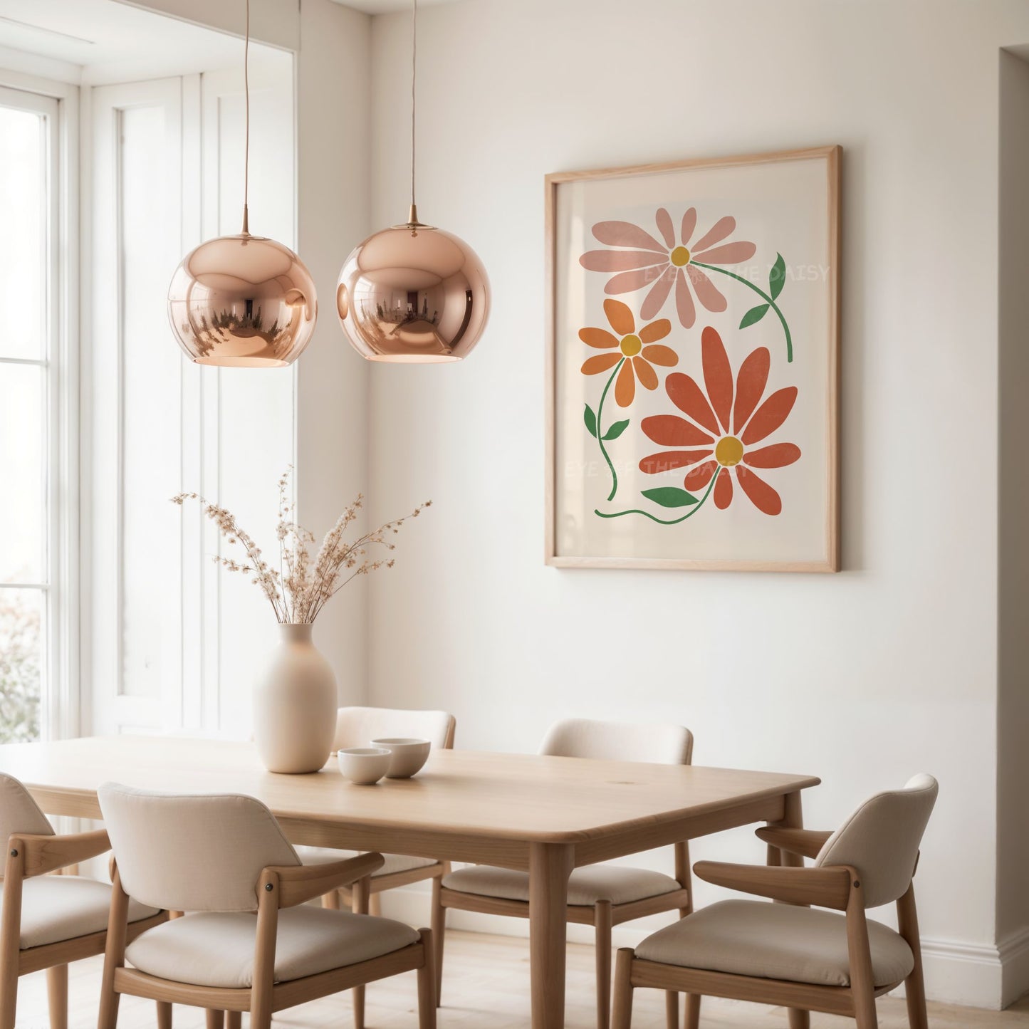 Boho daisies wall art print with cute stylized abstract daisy flowers in terracotta, burnt orange & beige, great for a neutral living room