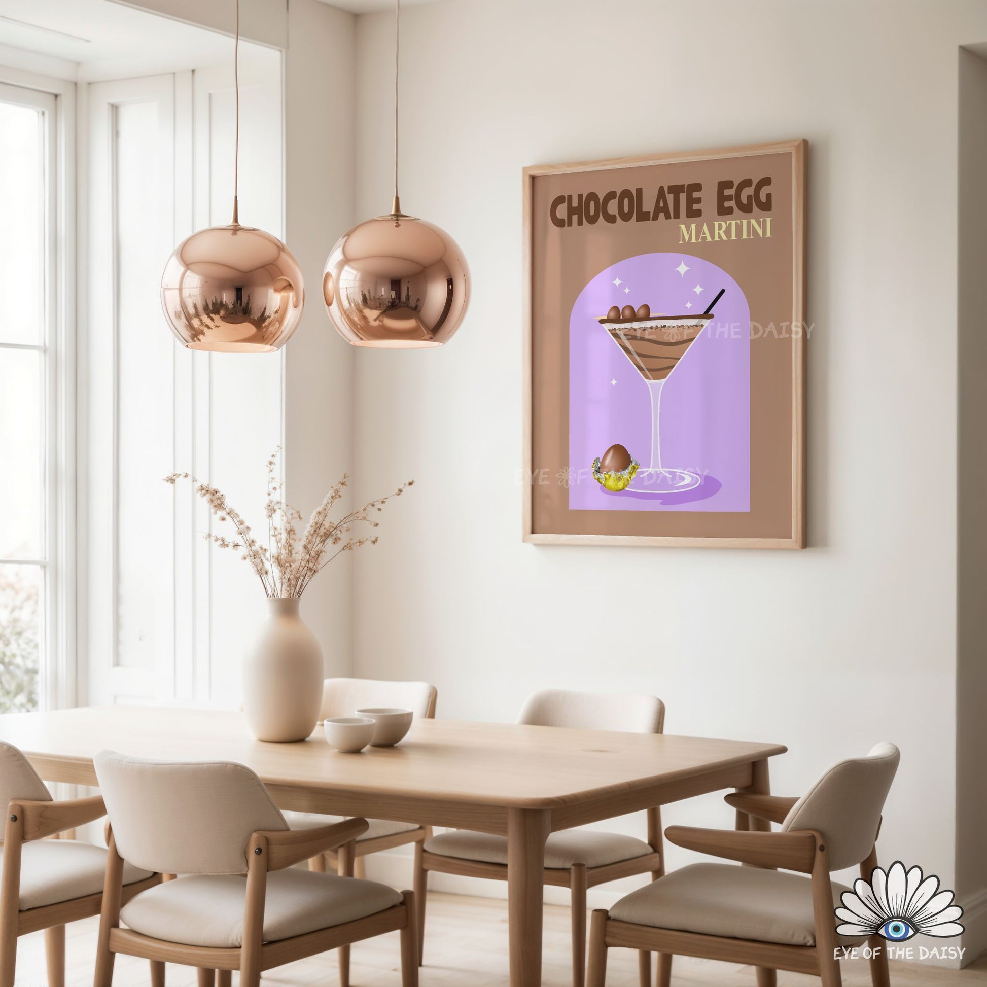 Spring Easter bar cart printable, retro modern Chocolate Egg Martini wall art for Easter party decor
