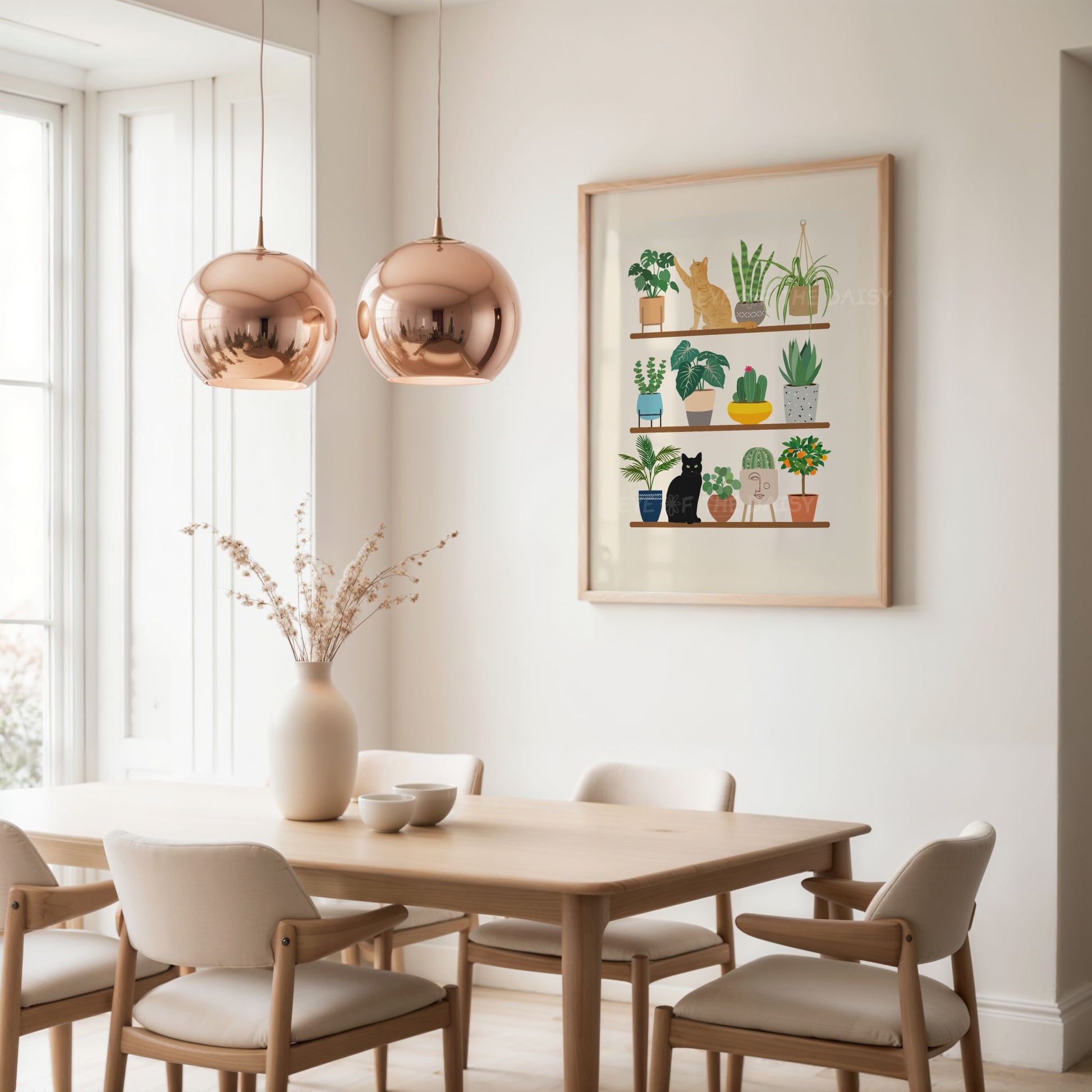 Boho cat and house plants on shelves wall art – colourful printable poster for modern dining room, downloadable botanical decor