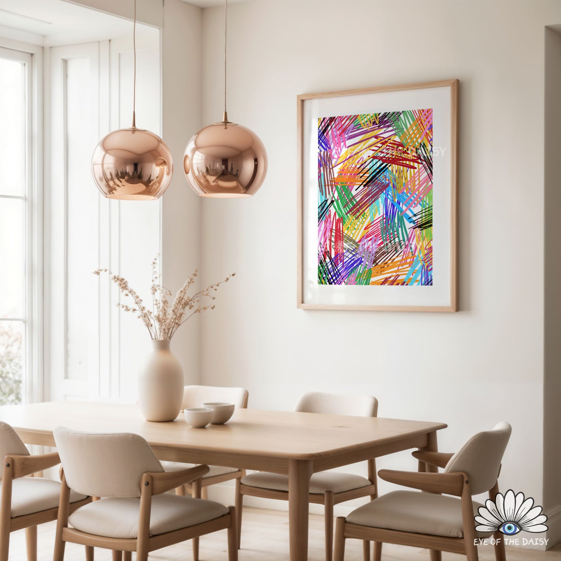 Vibrant contemporary print digital download with abstract scribbles, bright contemporary wall art for modern interiors