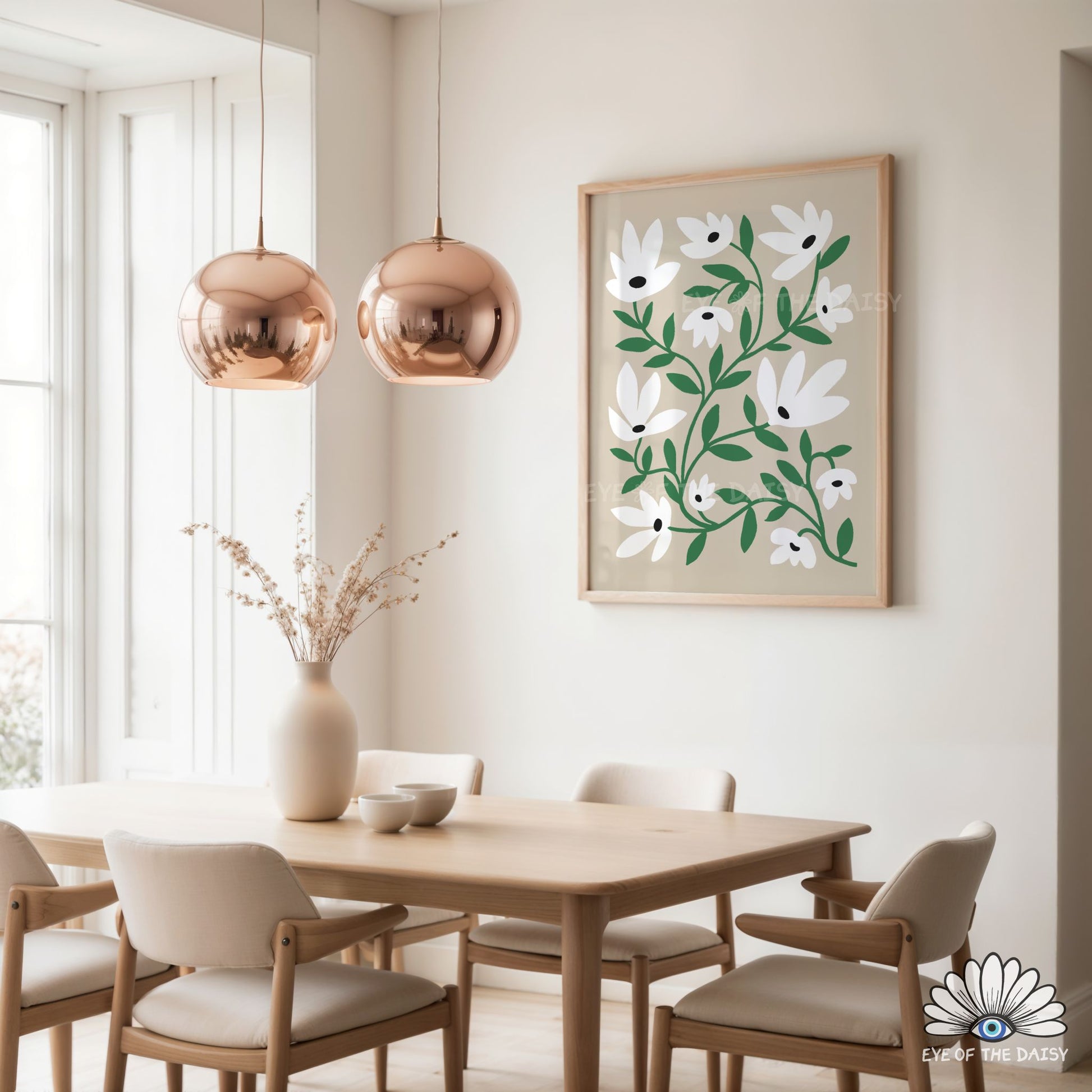 Contemporary beige wall art with white flowers and green leaves, printable botanical art