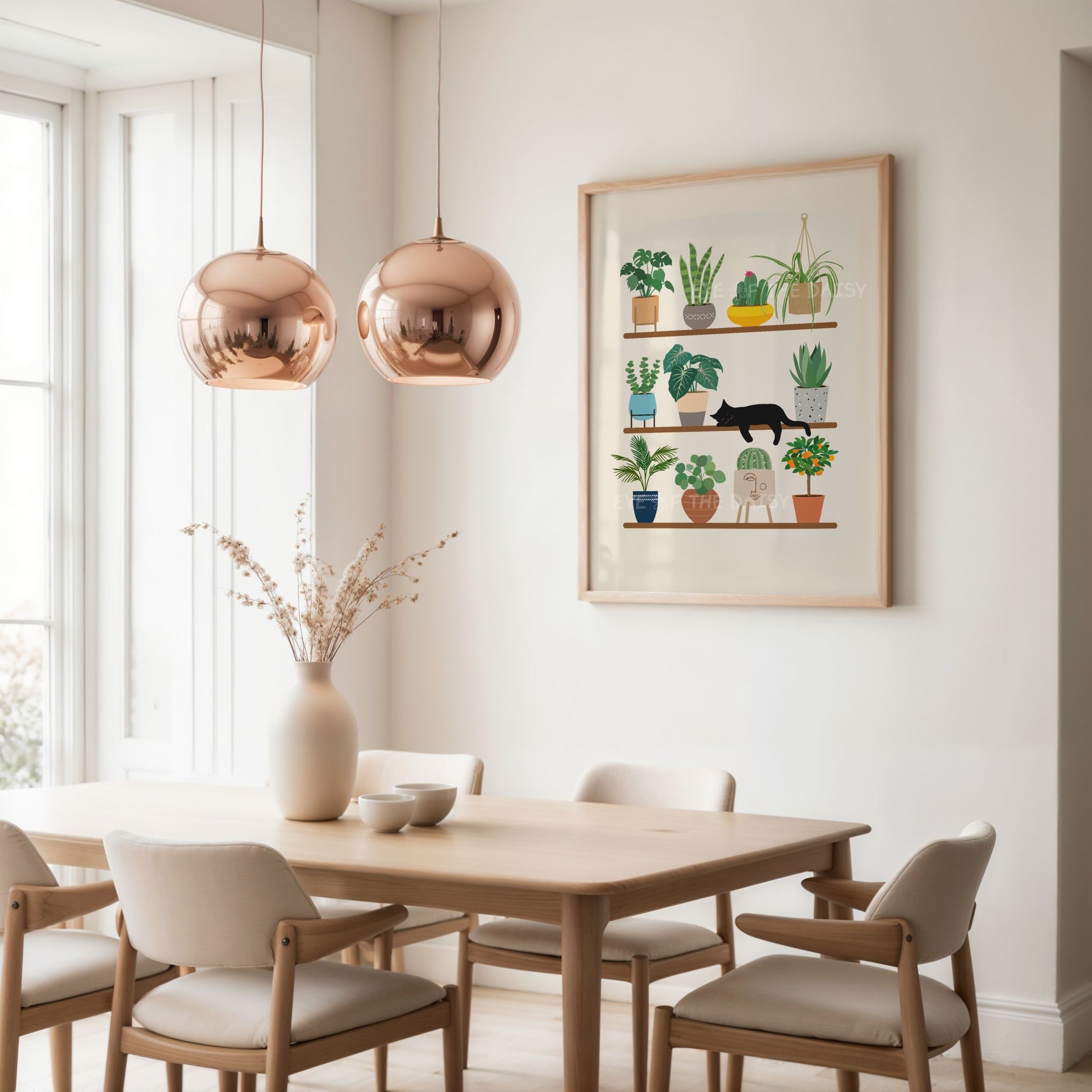 Wall art print of a sleeping black cat on shelves with many different house plants in pots and vases, in a boho dining room