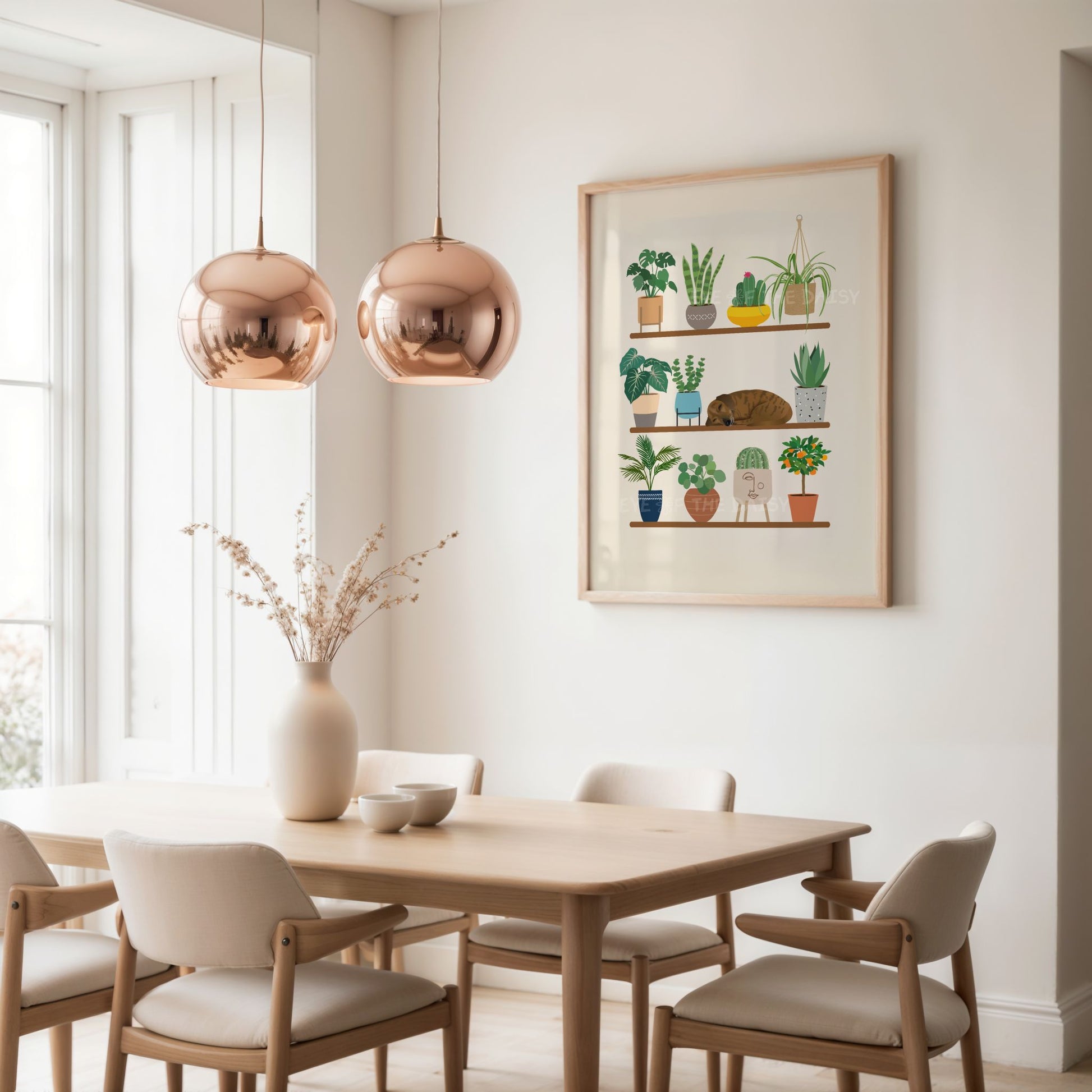 Dachshund dog and plant shelf print – colourful digital wall art for kitchen decor, printable boho botanical poster