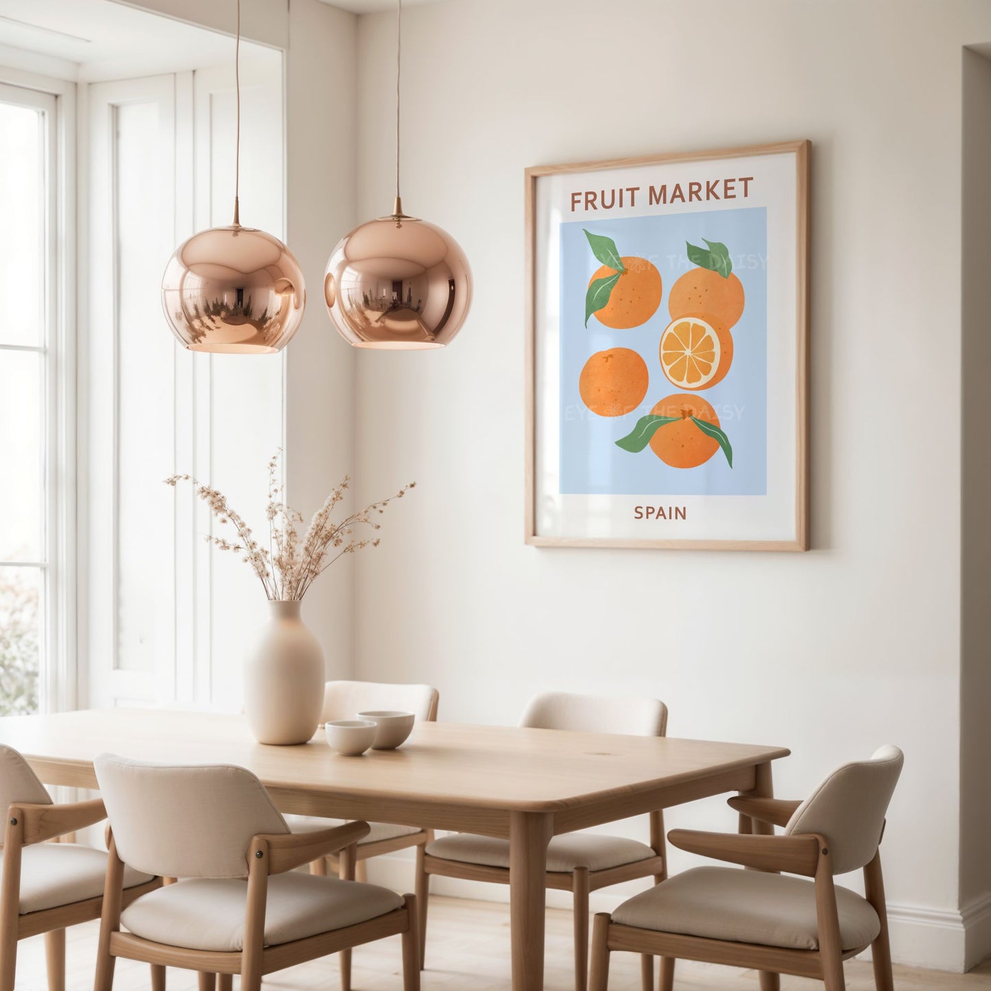 Fruit Market Spain orange printable poster — pastel blue citrus wall art download for colourful Mediterranean or boho dining room decor