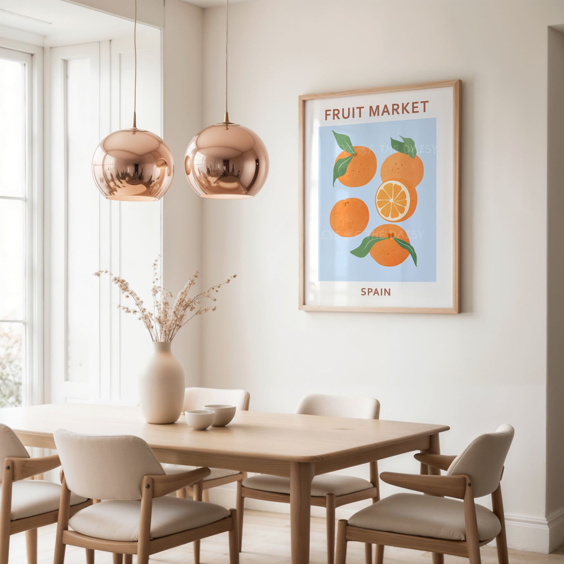 Fruit Market Spain orange printable poster — pastel blue citrus wall art download for colourful Mediterranean or boho dining room decor