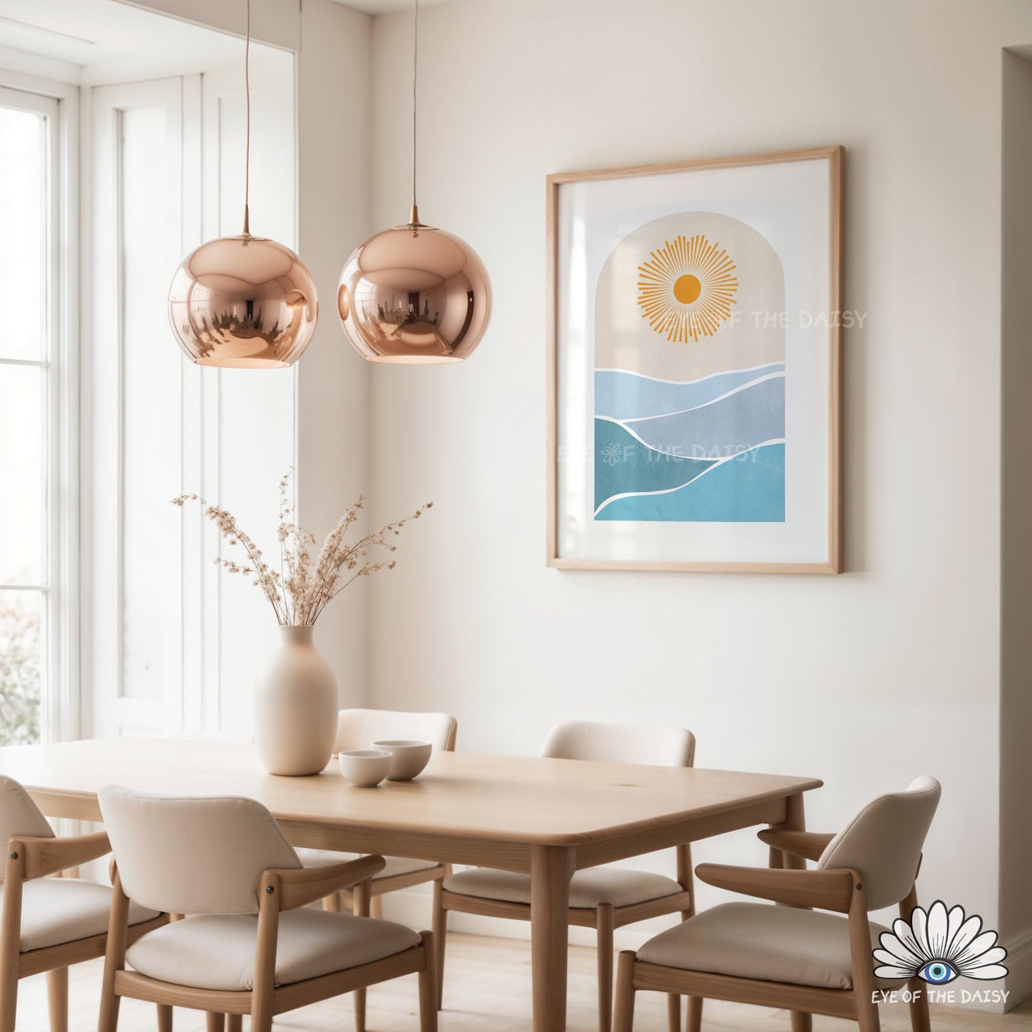 Orange, blue and beige sun ocean poster, boho sea waves print digital download