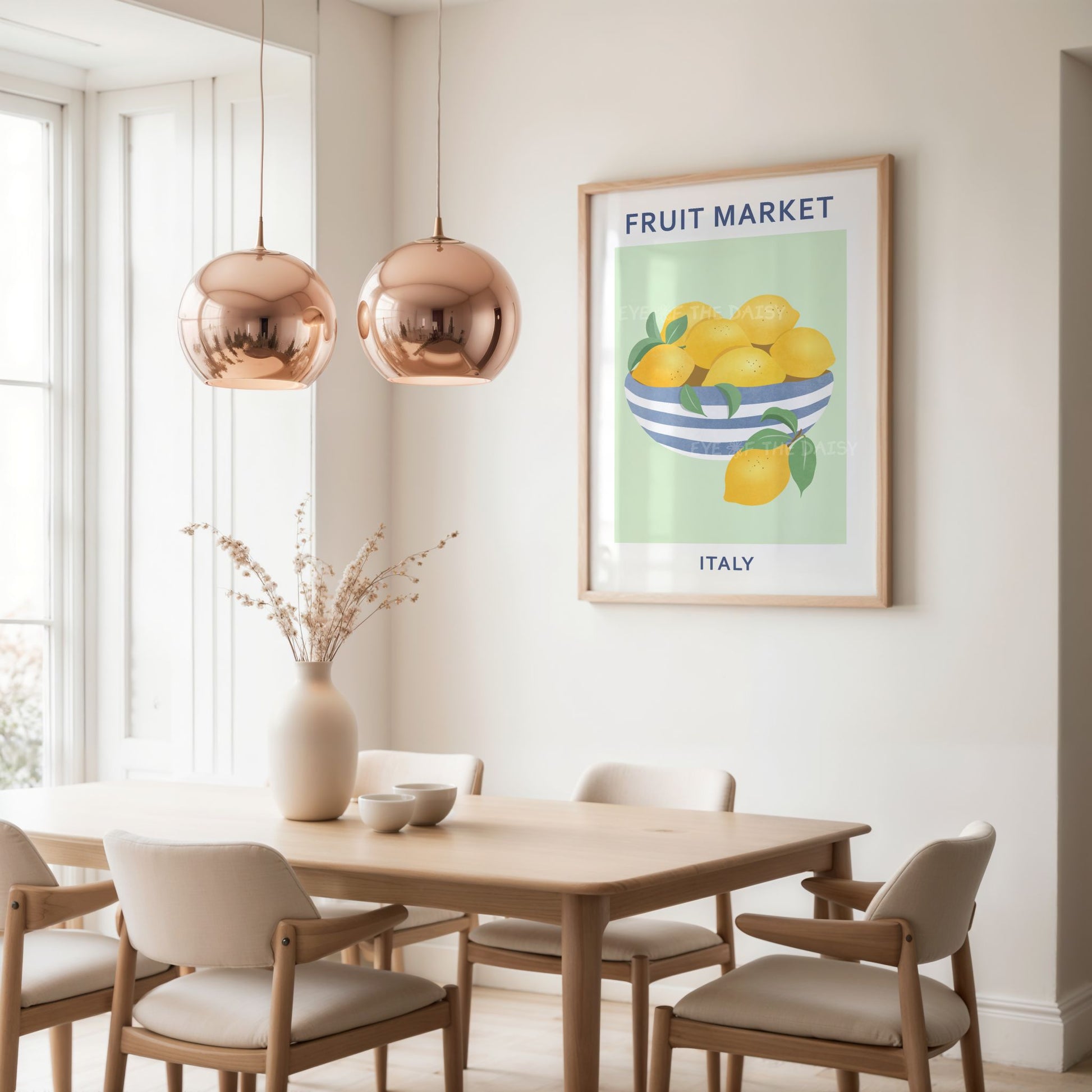 Printable lemon bowl artwork — pastel green citrus poster download for bright and fresh Mediterranean or boho dining room decor