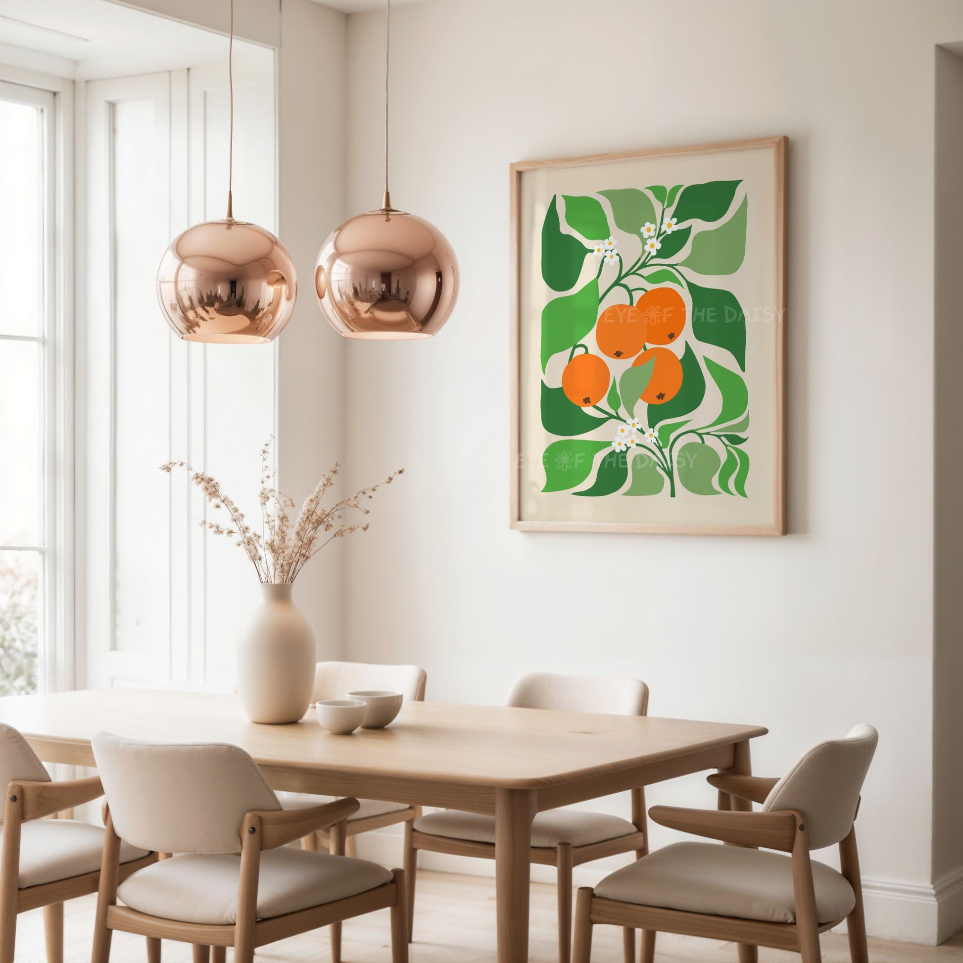 Framed art print of vibrant orange tree with intertwining leaves – modern botanical wall decor in a warm boho dining room