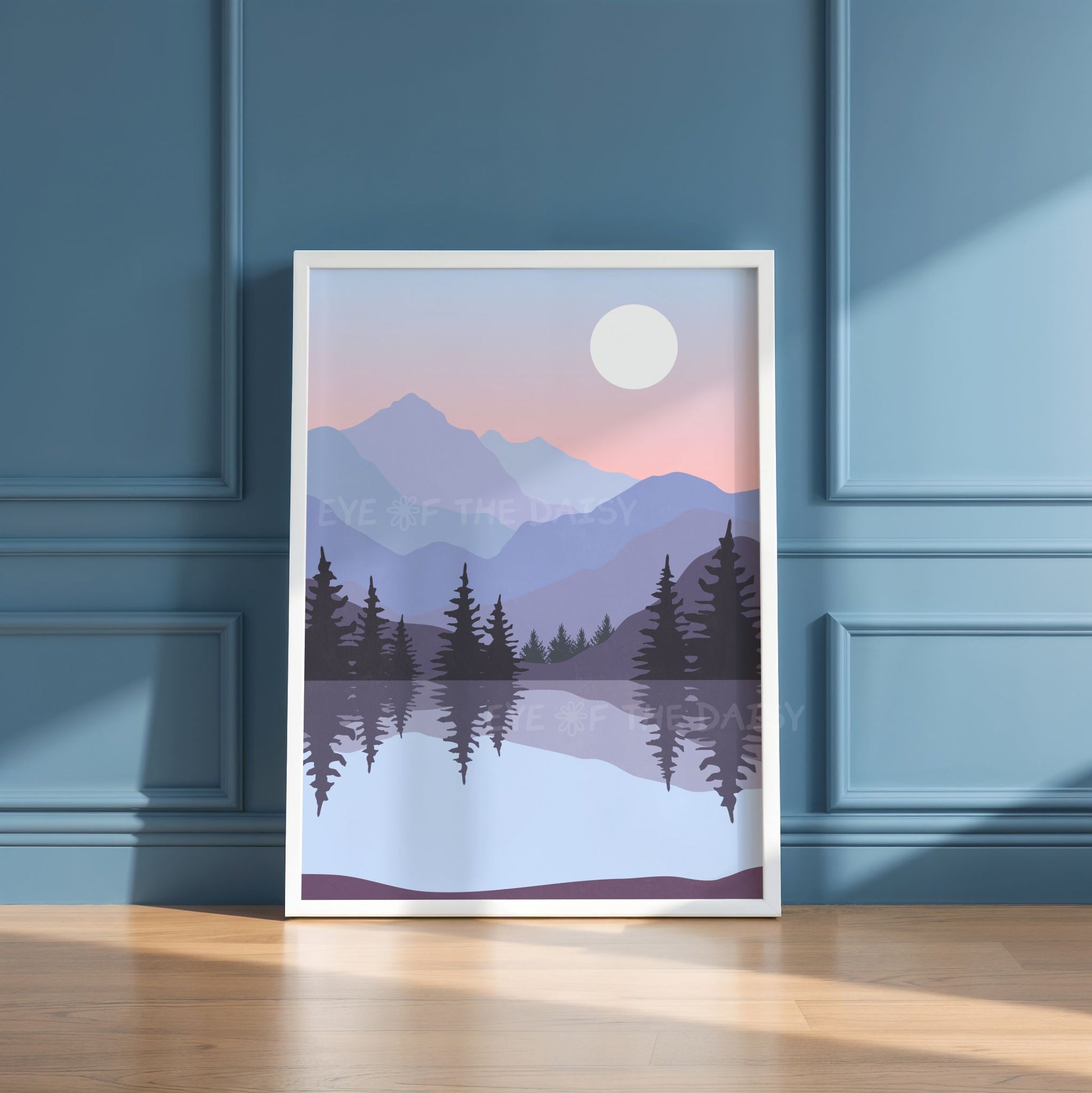 Minimal purple blue lilac abstract landscape print set of 3, triptych wall art with trees, mountains, lake and moonlit sky