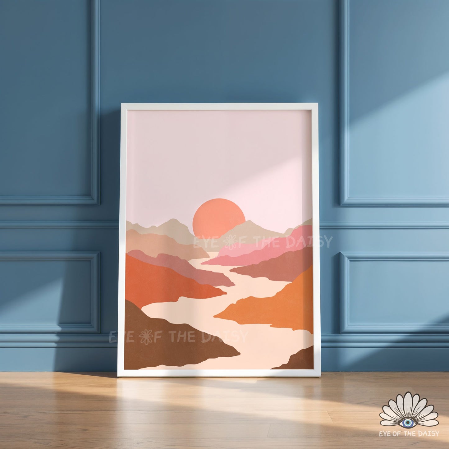 Colour block river mountain range printable wall art, mid century modern landscape print download