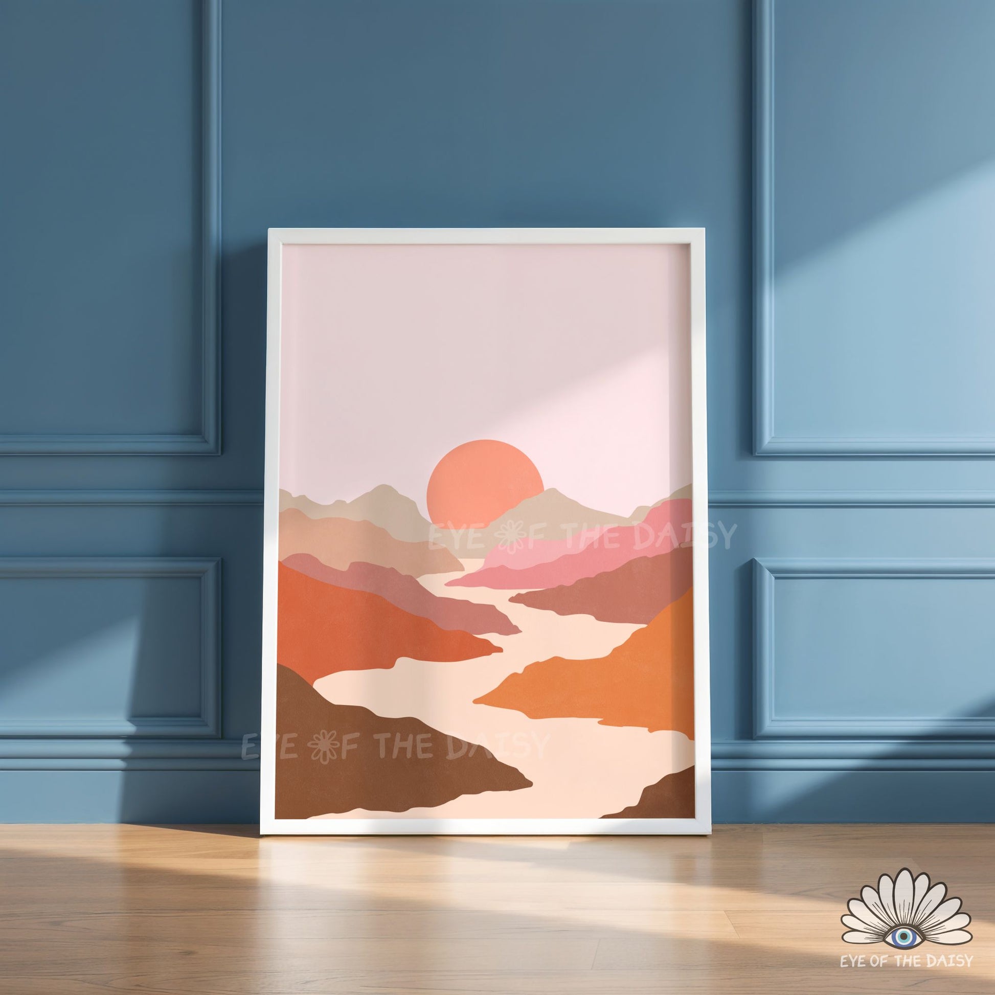 Colour block river mountain range printable wall art, mid century modern landscape print download
