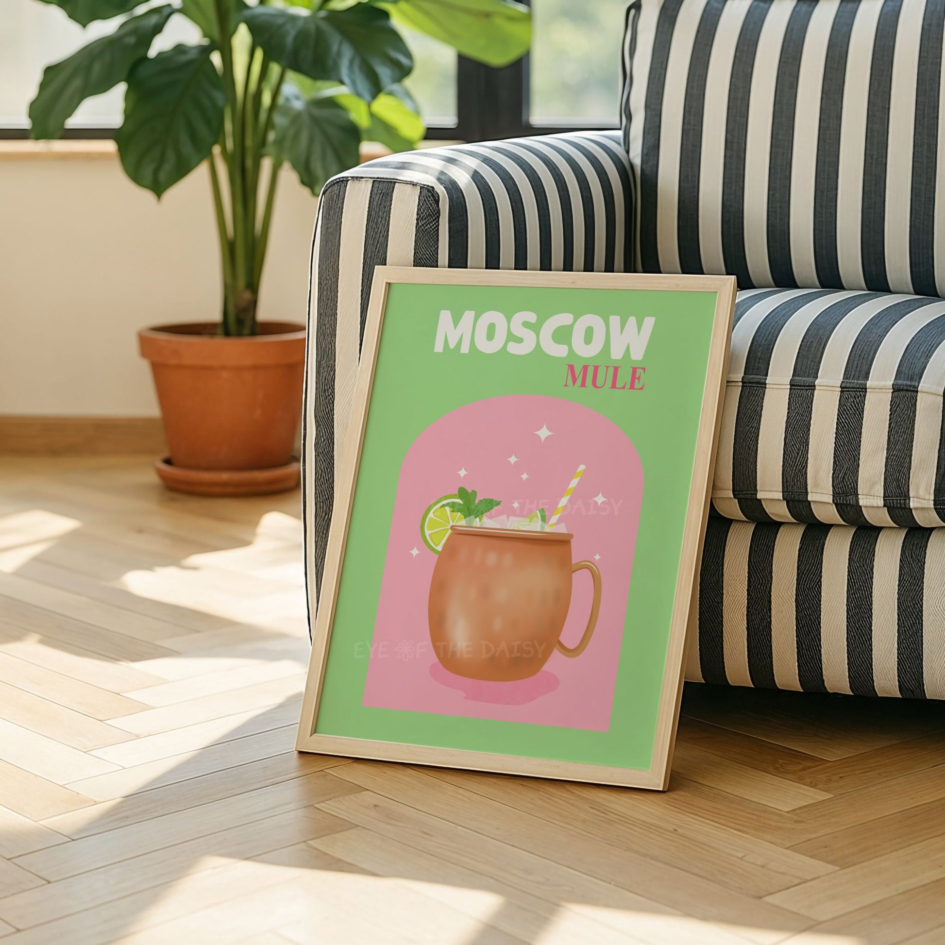Retro Moscow Mule printable wall art – colorful cocktail download for trendy apartment decor or modern living room style