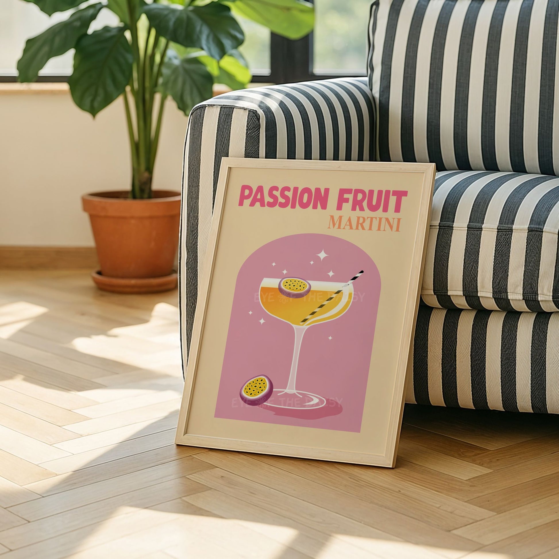 Passion Fruit Martini cocktail print in bright tropical colors, printable wall art digital download for fun home bar gallery wall