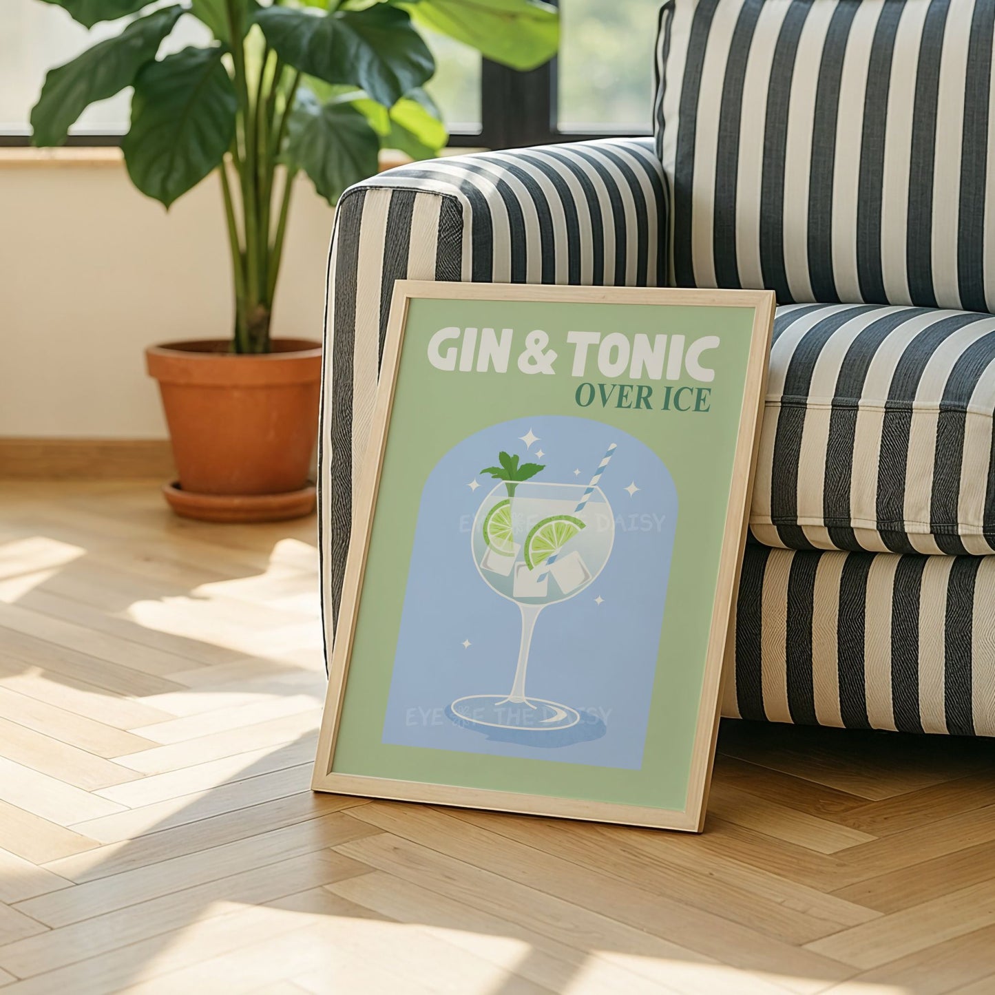 Digital Gin & Tonic art print in sage green and light blue – modern funky cocktail wall decor for a fun, stylish home bar area