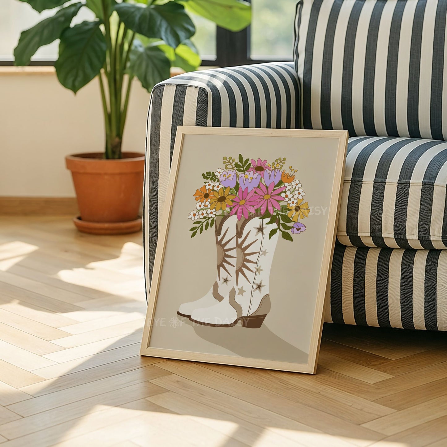 Printable cowgirl boots and flowers poster, retro girly wall art for college dorm room, teen space or boho student bedroom