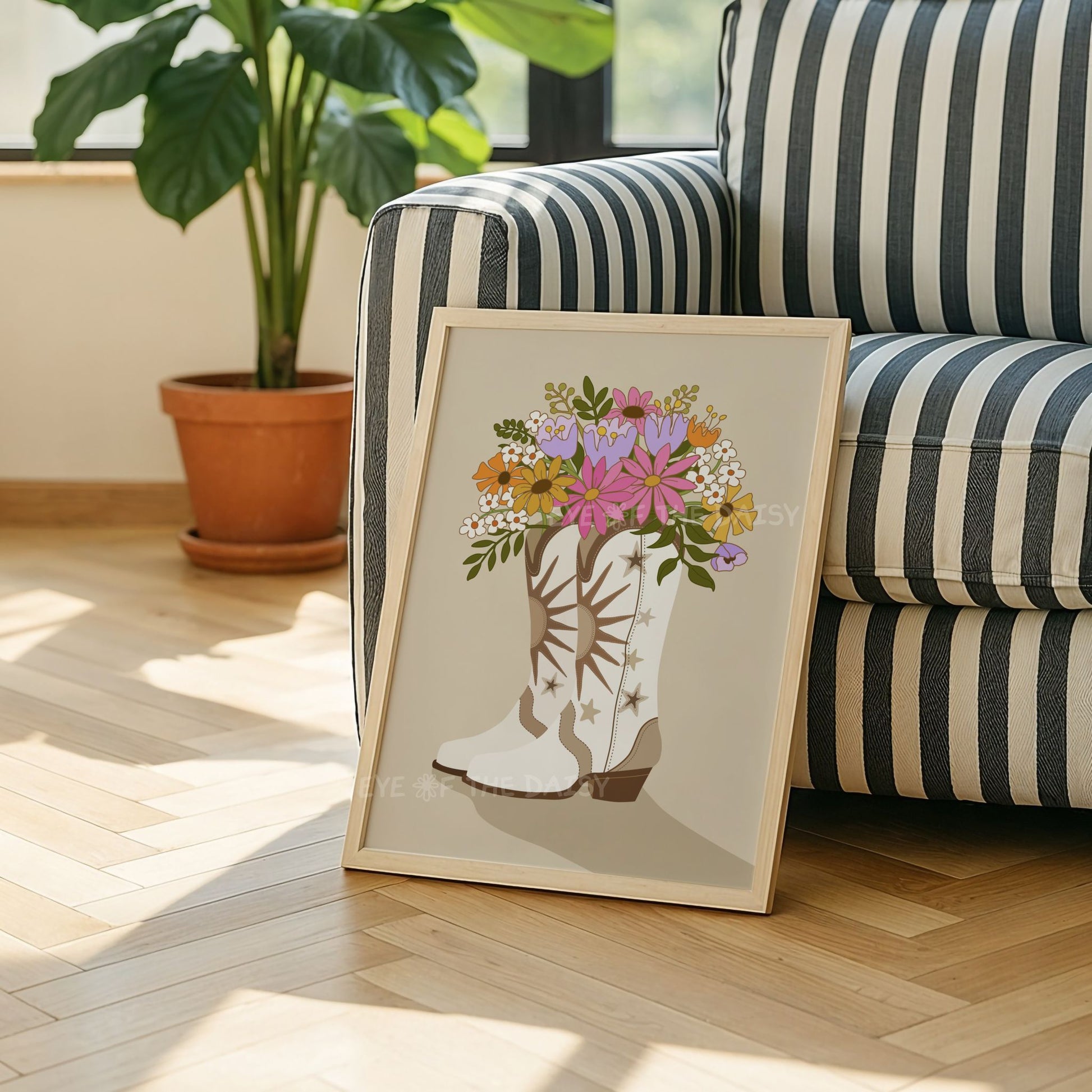 Printable cowgirl boots and flowers poster, retro girly wall art for college dorm room, teen space or boho student bedroom
