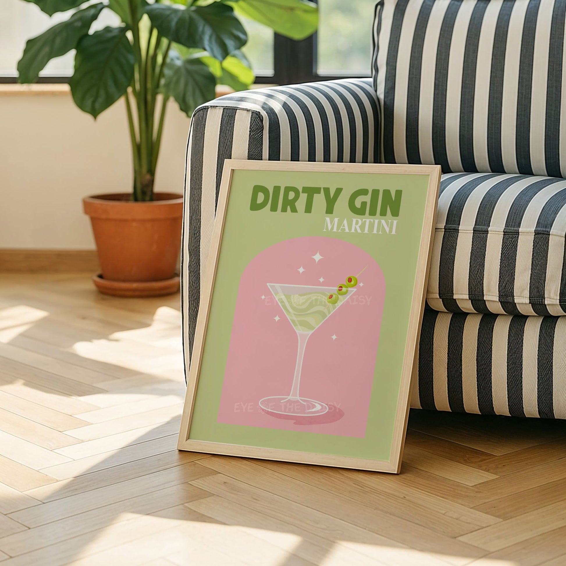 Modern cocktail art print – Dirty Gin Martini design with typography, perfect for fun dinner party decor