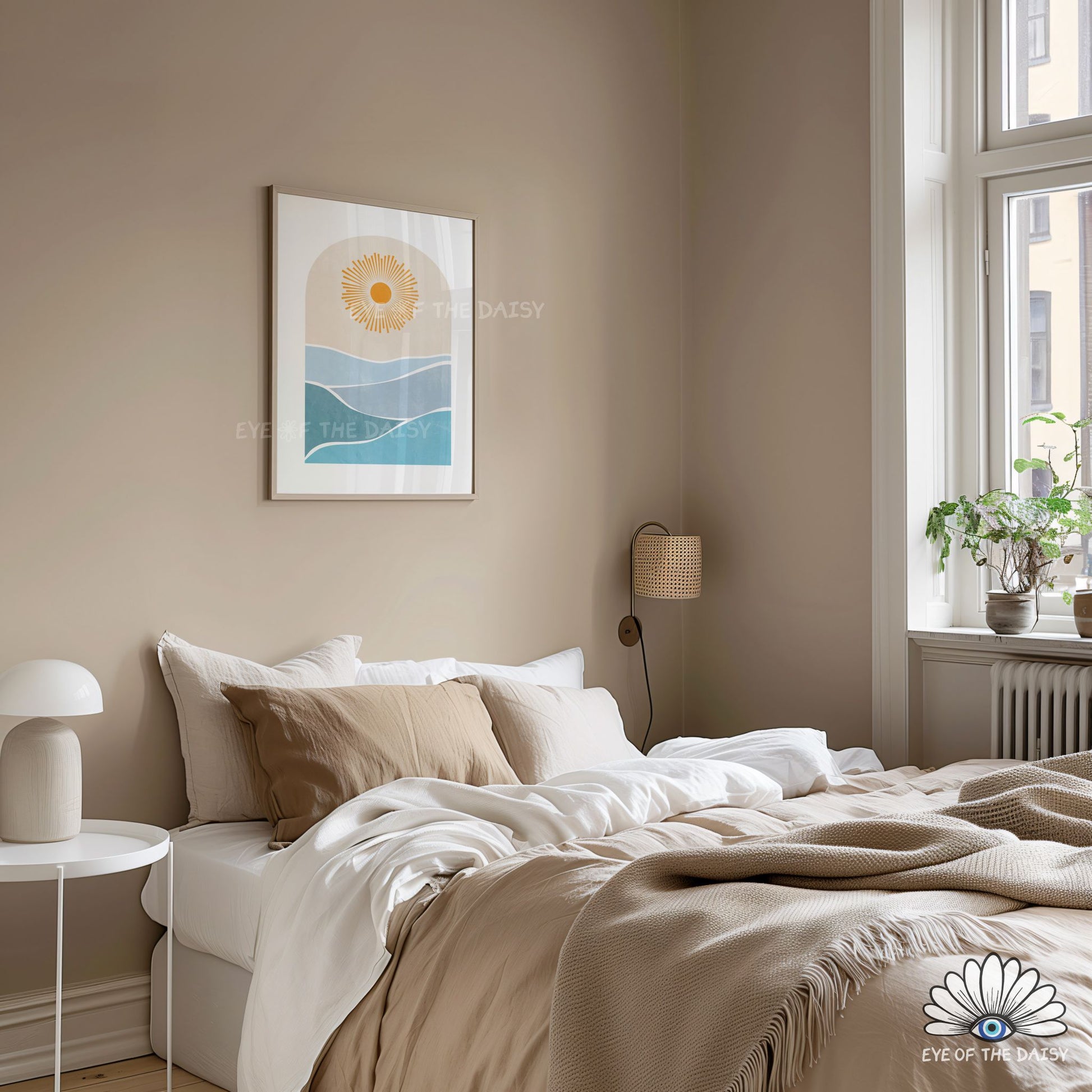 Minimal boho ocean art print, sun seascape printable wall art for bohemian bedroom