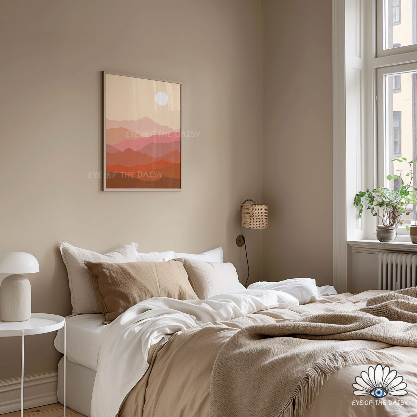 Mid century modern landscape poster, warm tone mountain scene print for boho Scandi bedroom decor