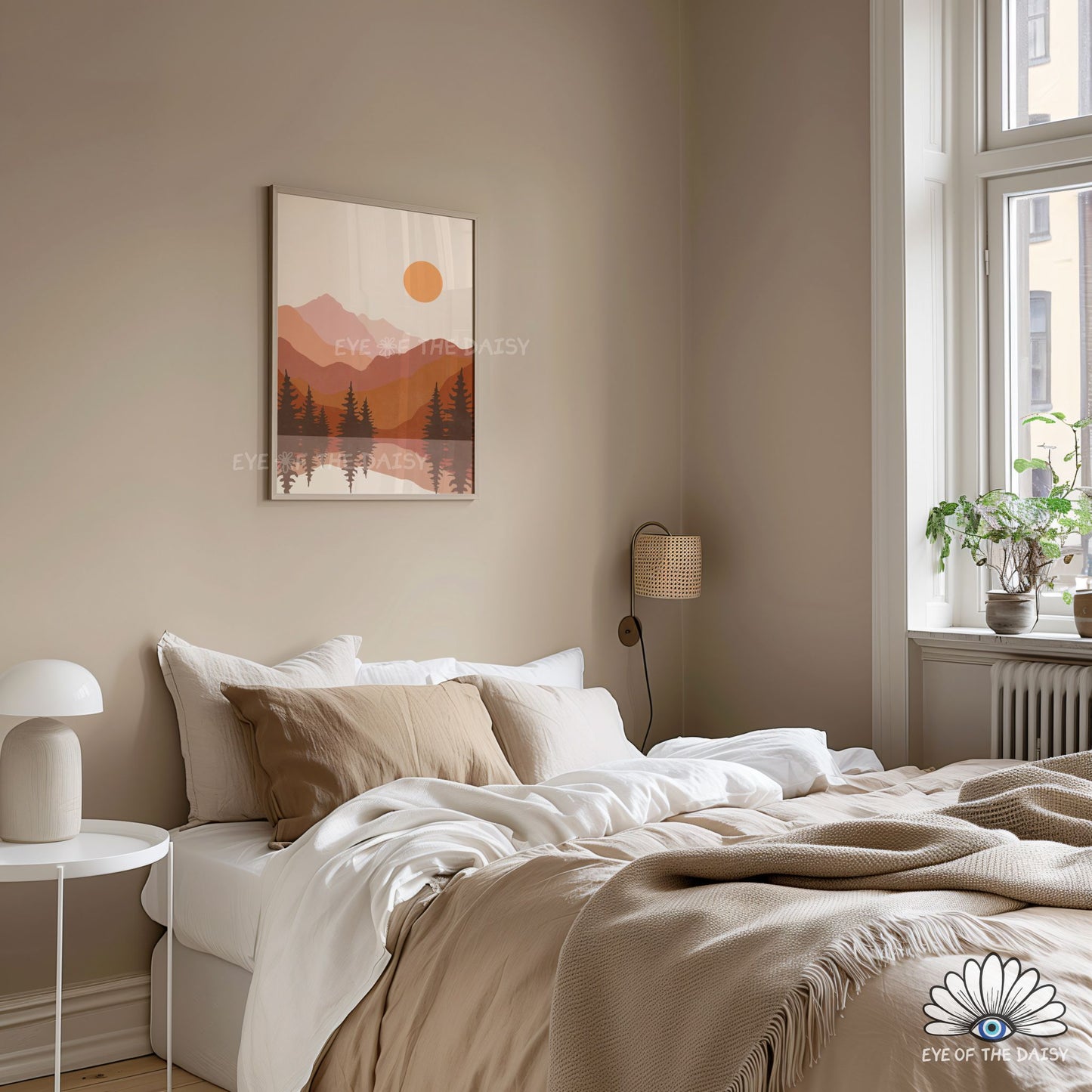 Mid century lake poster, boho neutral bedroom printable wall decor