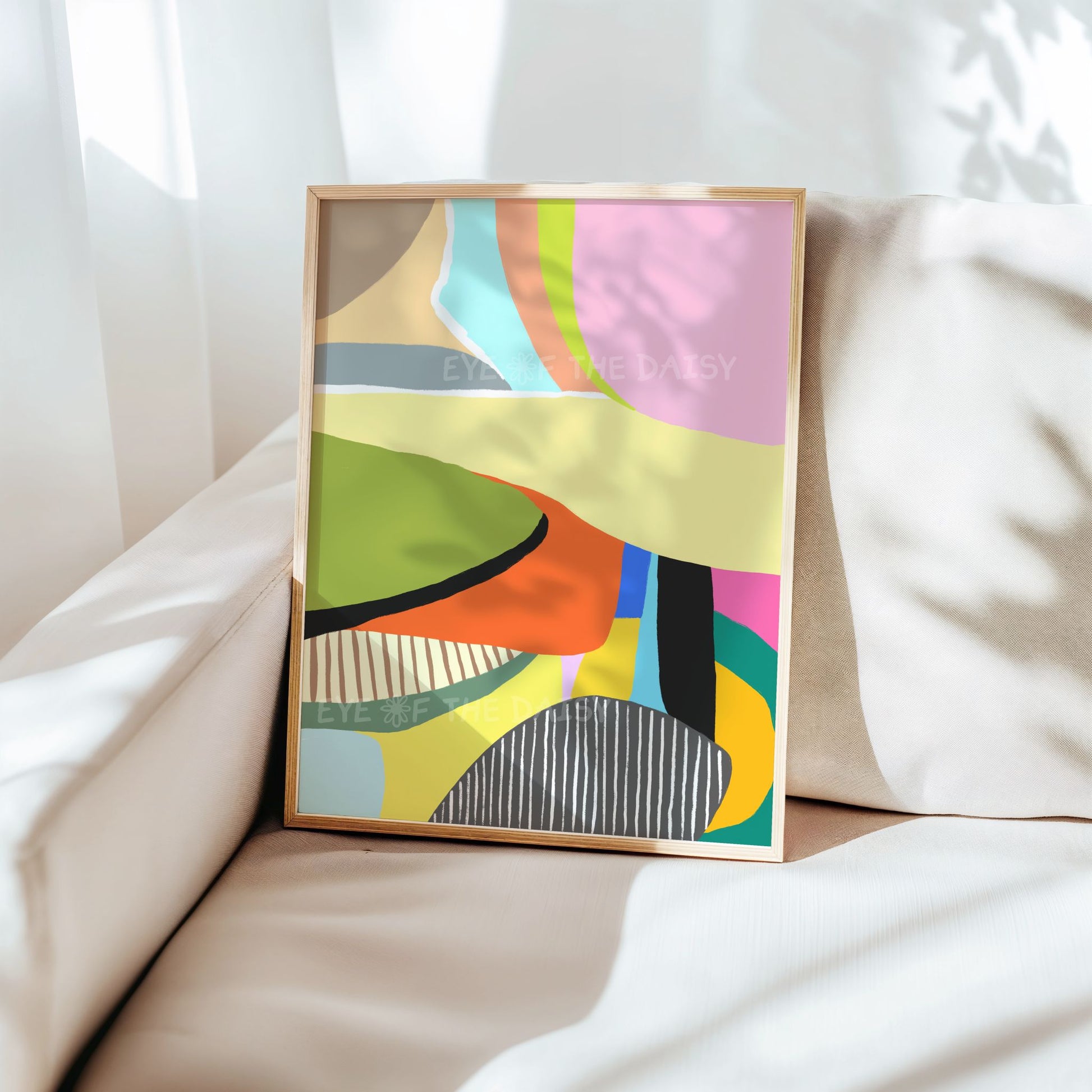 Printable abstract wall decor – multicoloured stripe and shape art print for minimalist or funky home styling