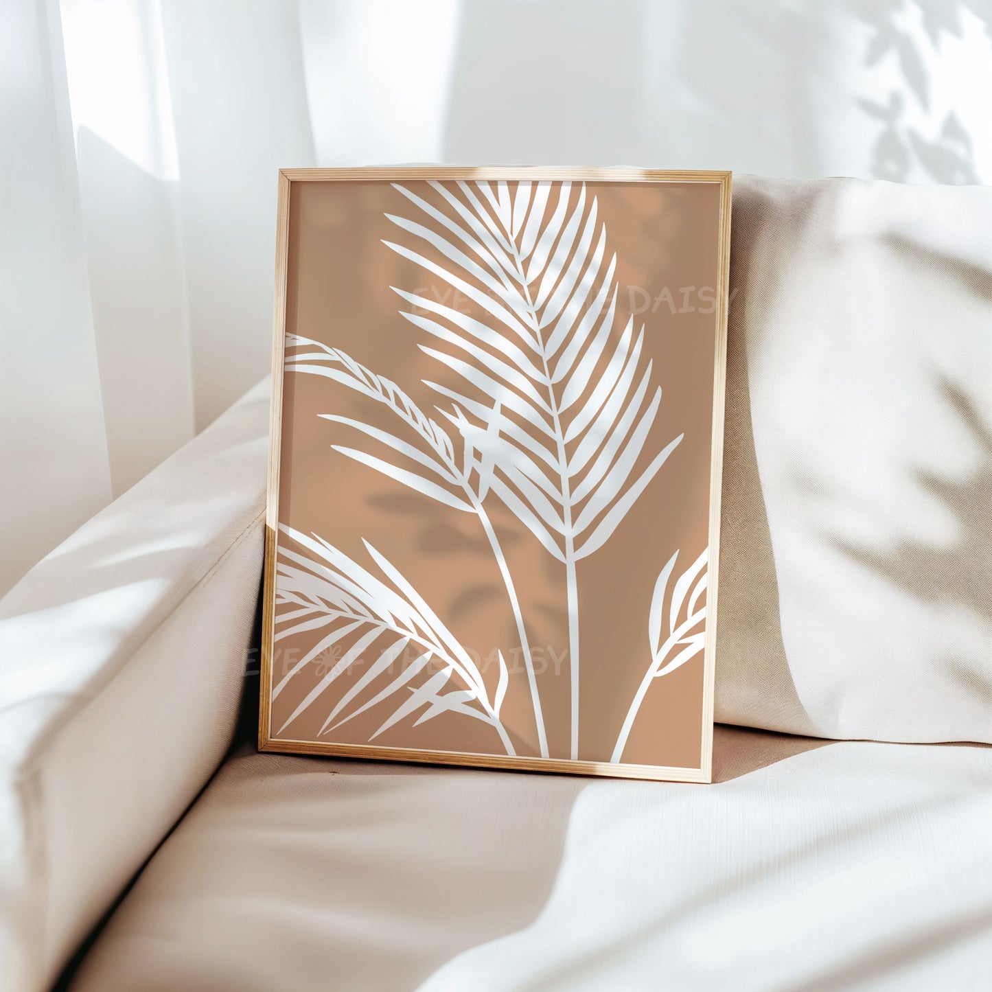 Boho palm tree print in beige tan and white, makes great beach rental wall decor or vacation rental printable art