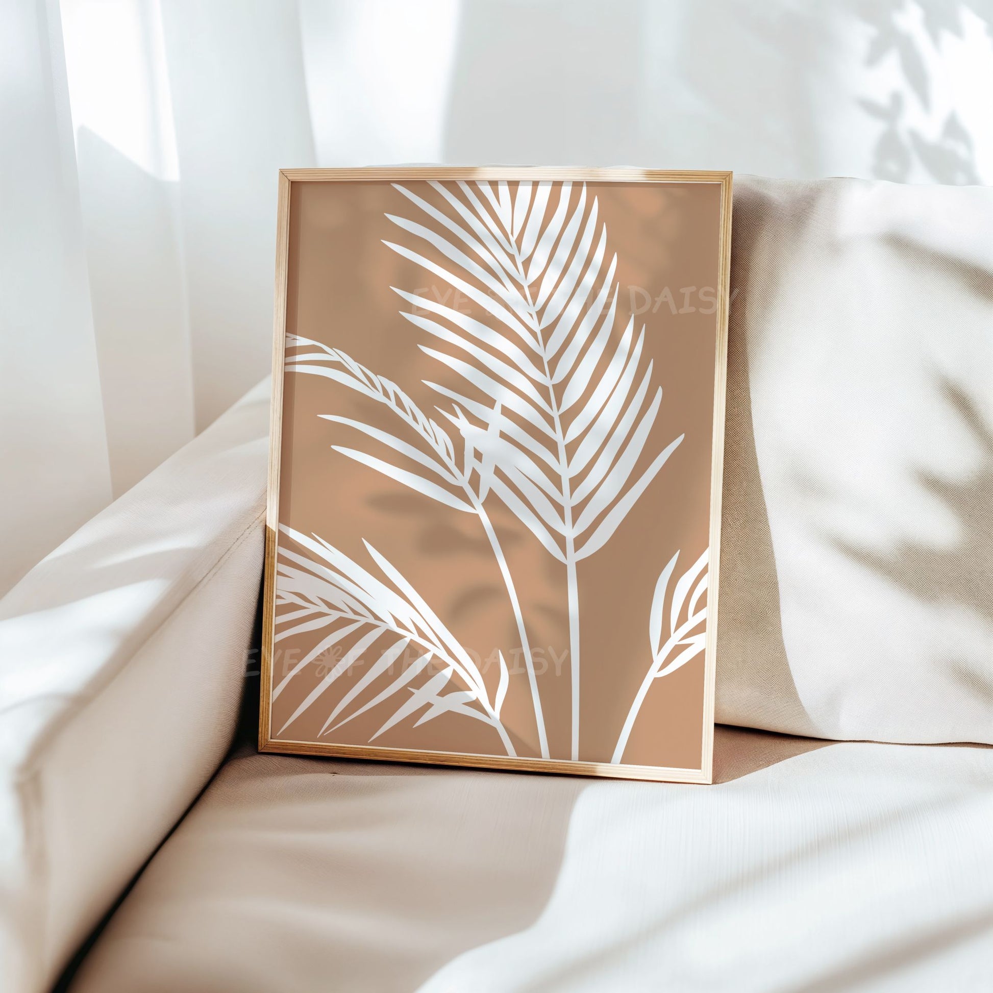 Boho palm tree print in beige tan and white, makes great beach rental wall decor or vacation rental printable art