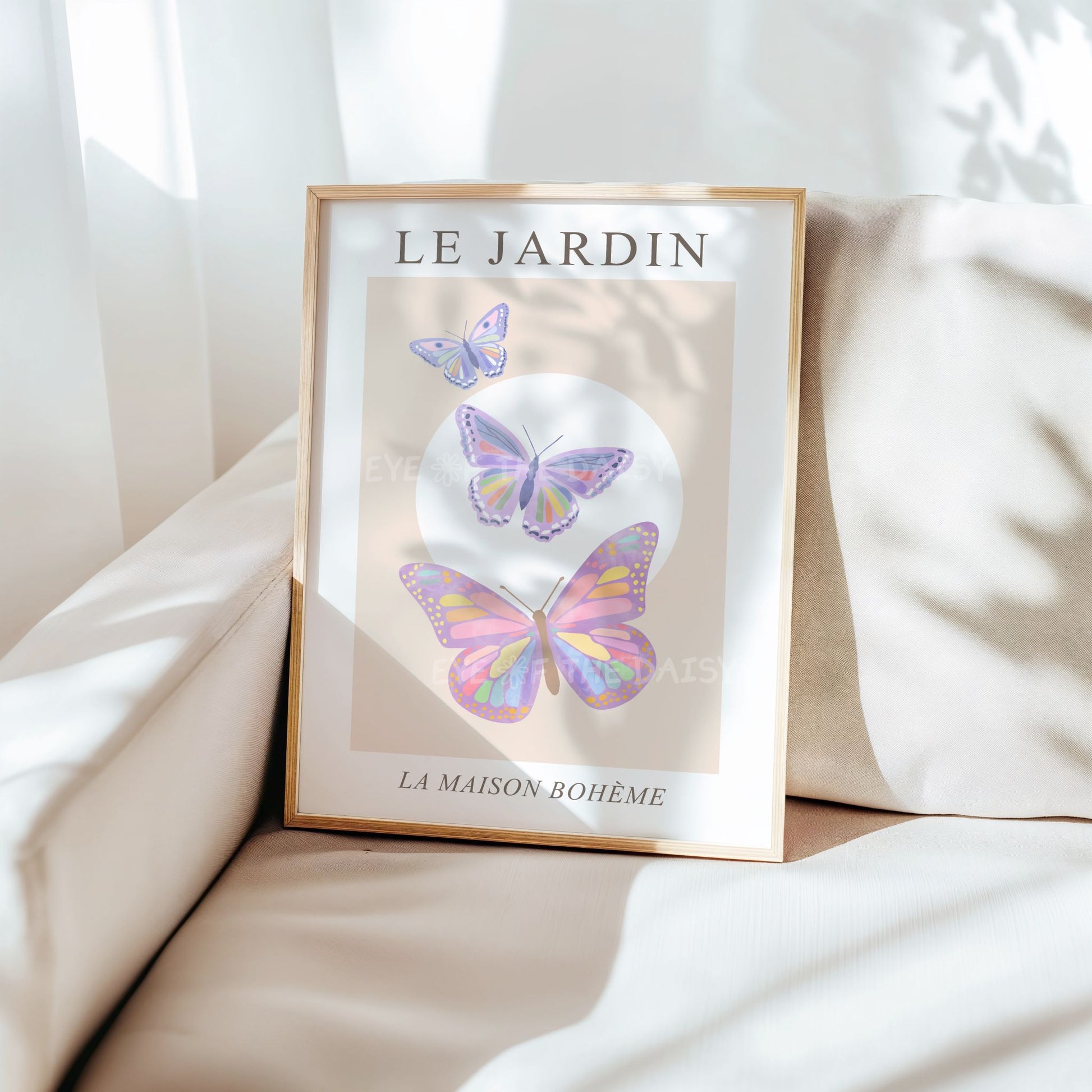 Minimalist botanical Le Jardin prints – pastel wildflower triptych, printable French vintage farmhouse wall art for stylish home office decor