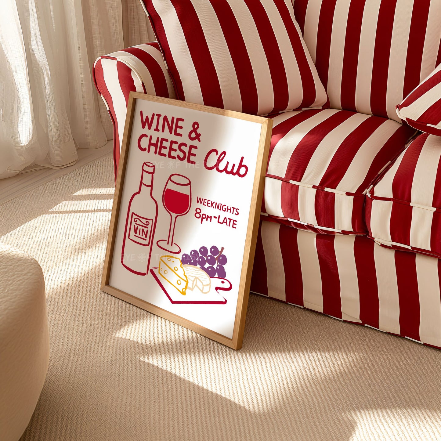 A "Wine & Cheese Club" hand drawn foodie wall art print of wine and cheese in a beach house rental