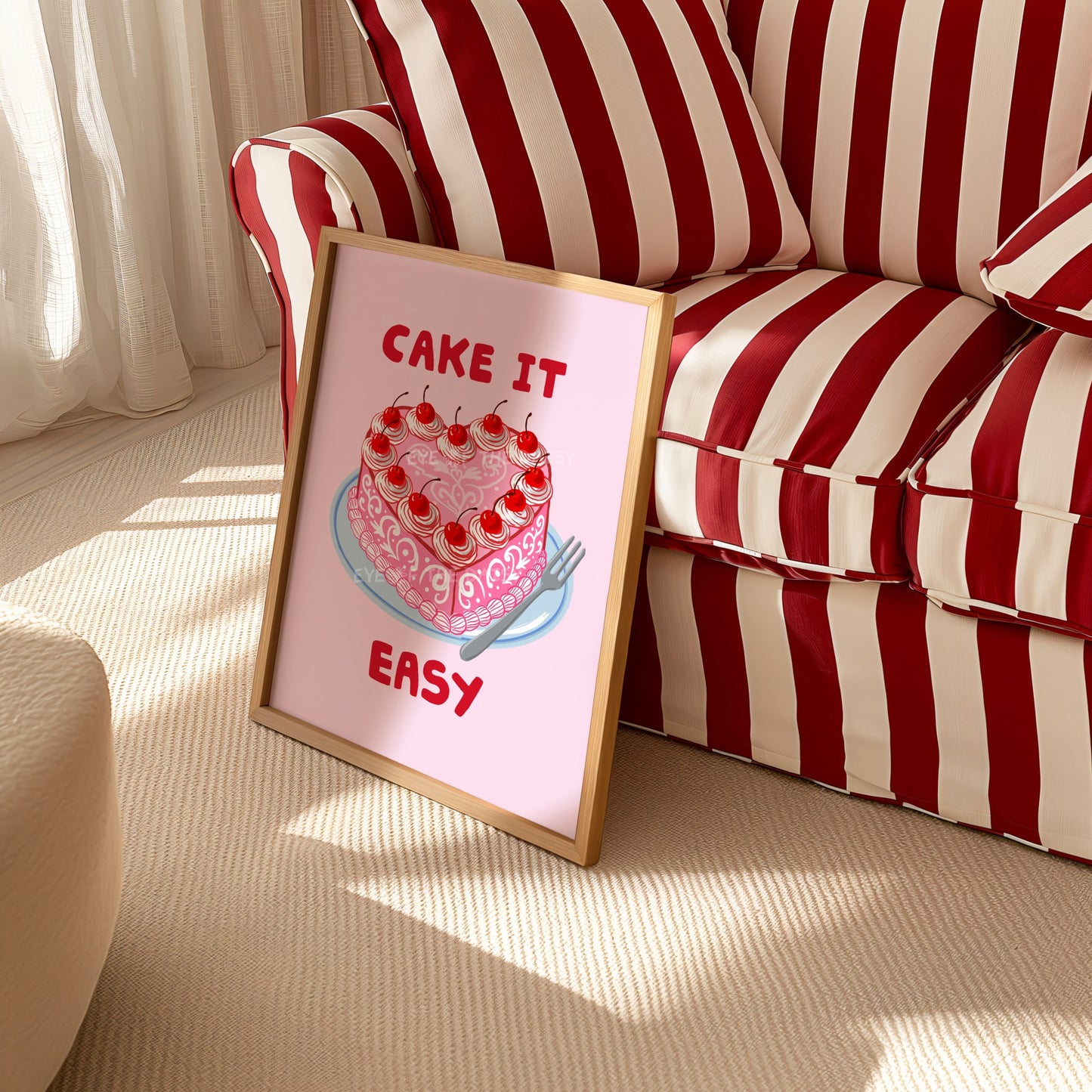 Trendy funky framed heart cherry cake artwork with a cake illustration and text in pink and red, cute girl dinner poster