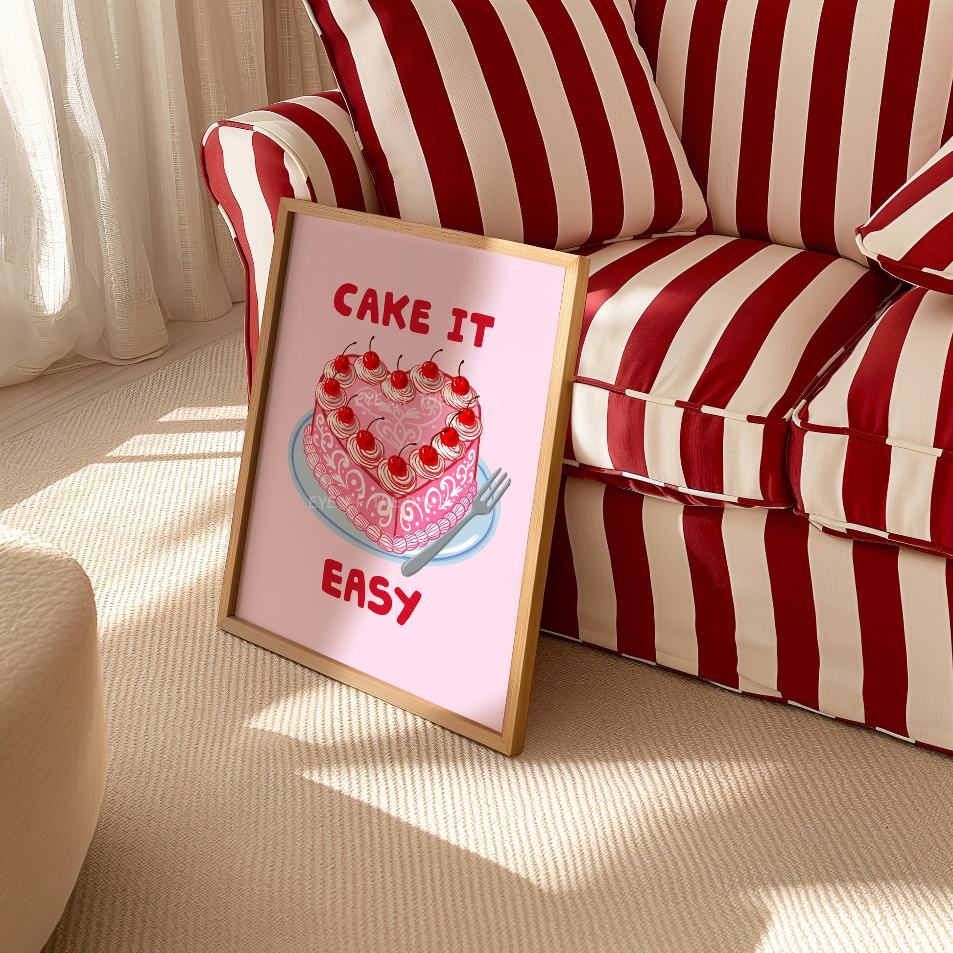 Trendy funky framed heart cherry cake artwork with a cake illustration and text in pink and red, cute girl dinner poster