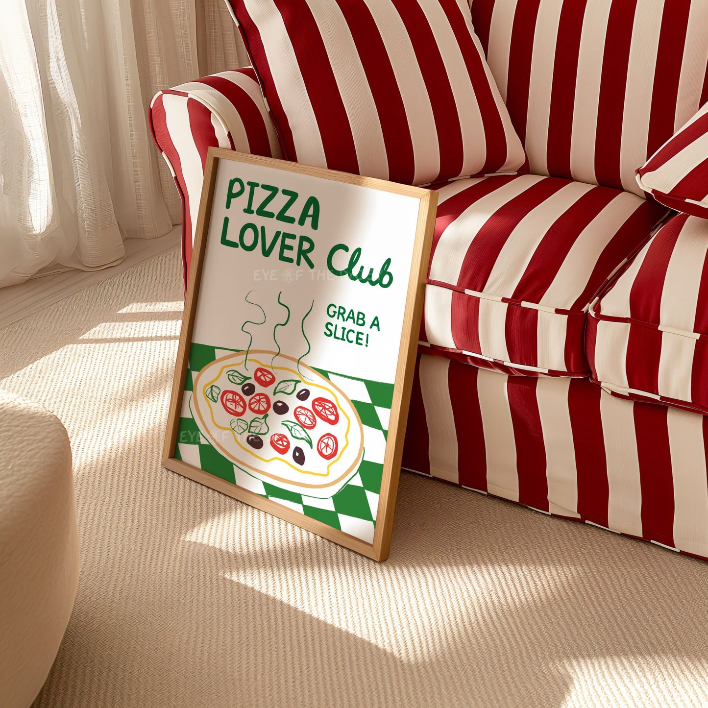 Colourful 'Pizza Lover Club' poster with hand drawn pizza in an Italian style interior, great for dinner party wall print