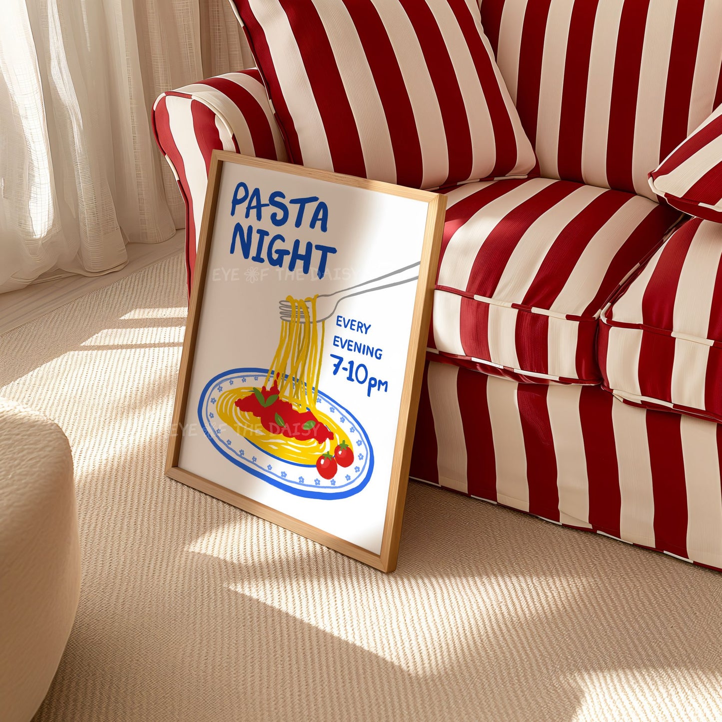 A fun 'Pasta Night' print in a living room with hand drawn spaghetti on a fork illustration, great trendy modern foodie wall art