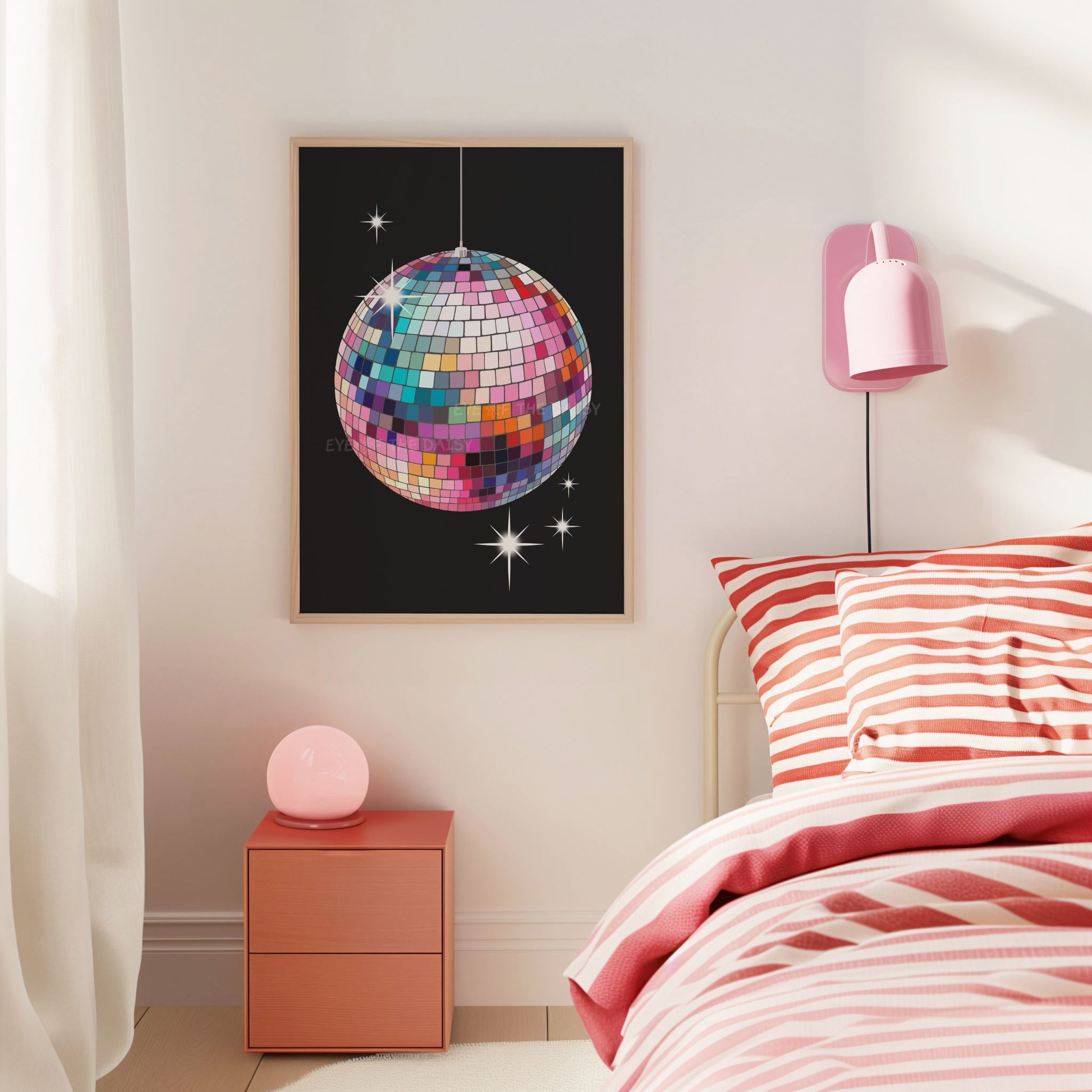 Cool trendy disco ball poster in a modern trendy bedroom, great for dorm room wall decor