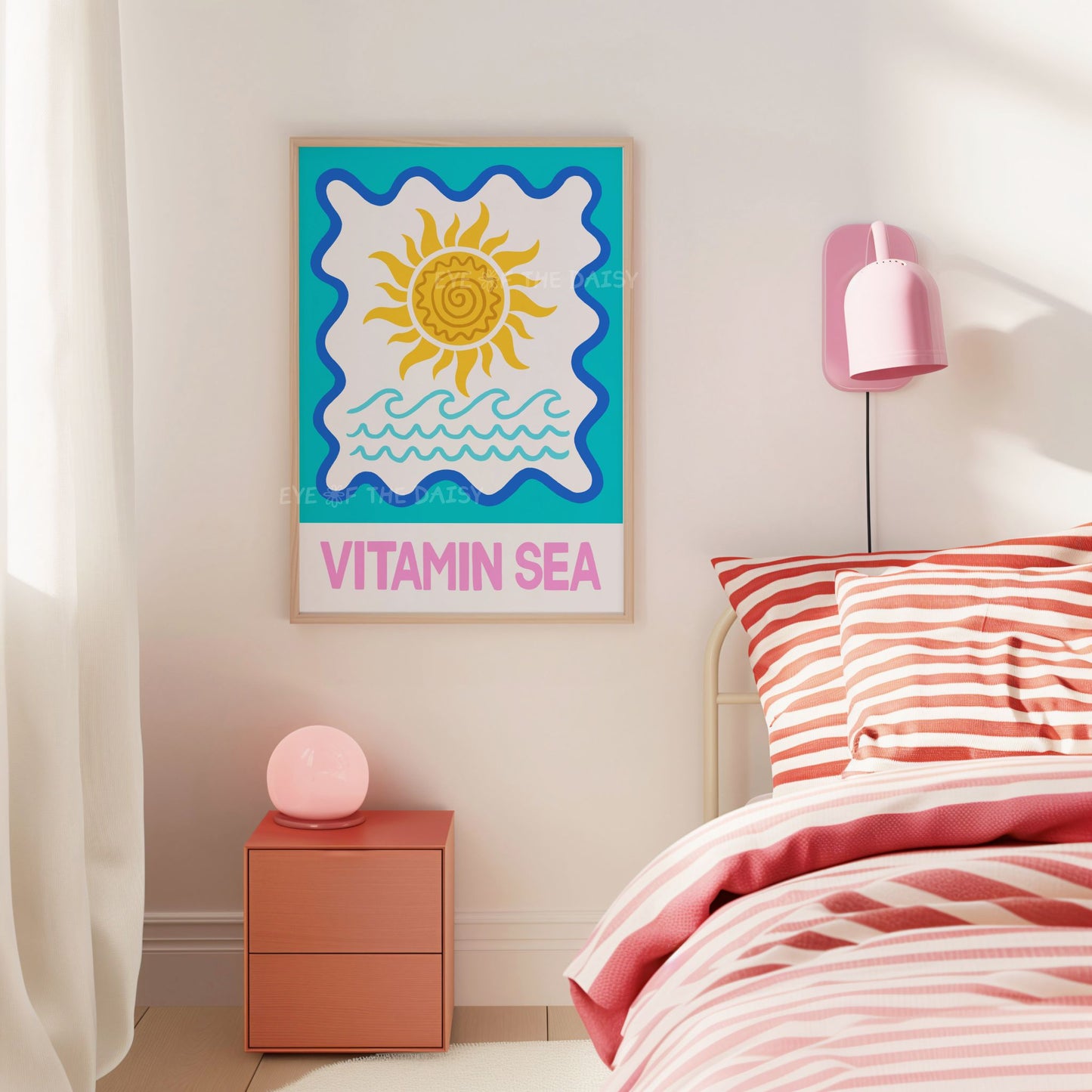 Fun Vitamin Sea beachy wall print – colorful summer digital download art with vibrant sun illustration, perfect poster for dorm room