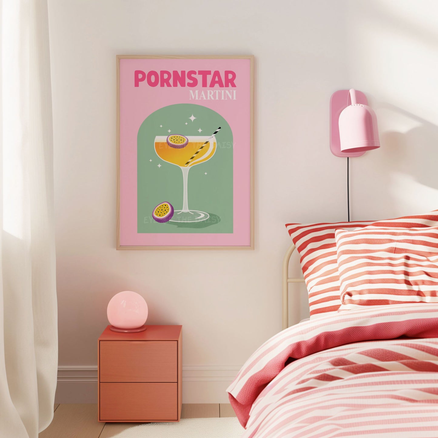 Printable Pornstar Martini drink poster for student apartment or dorm bar, digital download cocktail art in bright pink and green